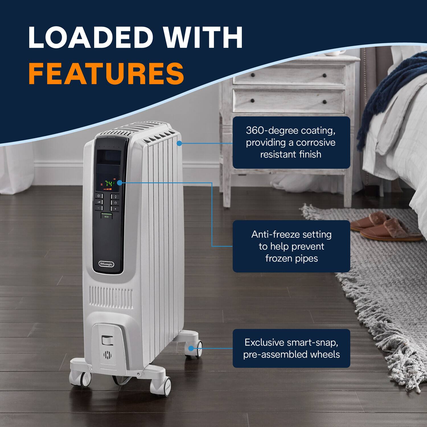 The image features a white heater with a 360-degree coating that provides a corrosion-resistant finish. It also has an anti-freeze setting to help prevent frozen pipes. The heater is loaded with features, including exclusive smart-snap, pre-assembled wheels, and a bom anti-freeze setting.