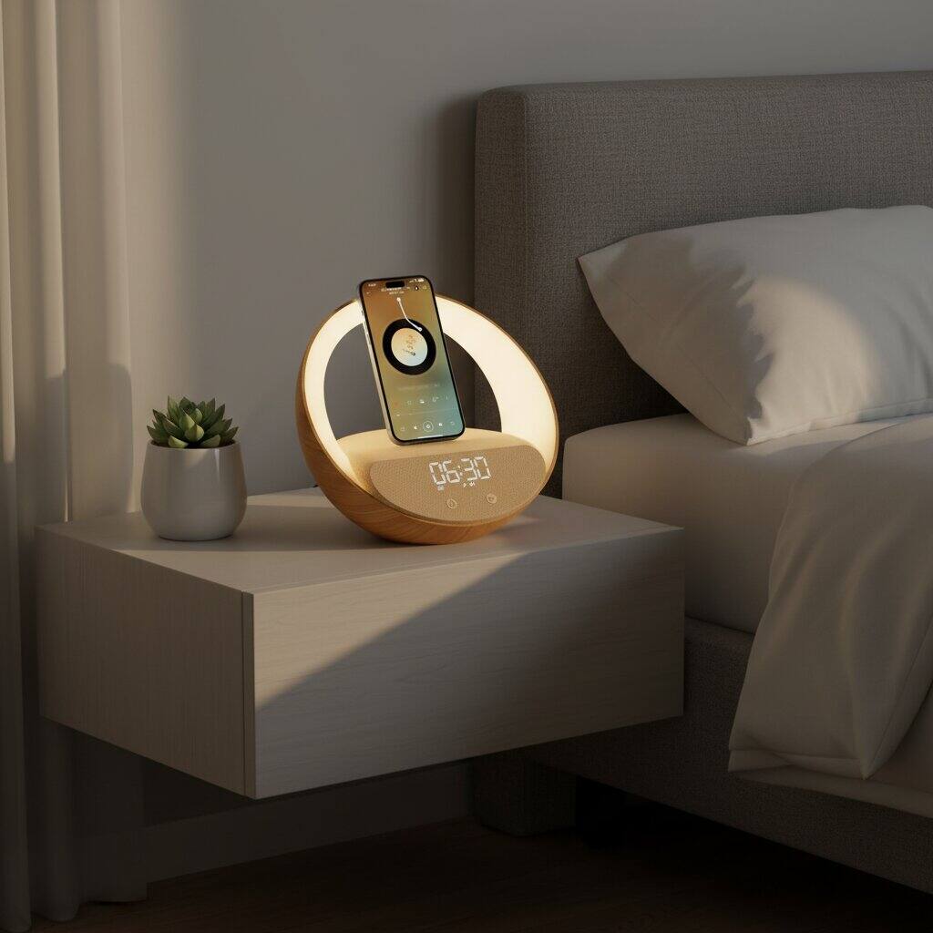 Alt View 1. Dazzed Corner - Wireless Charging Station,Bluetooth Speaker,Table Clock - Wood.