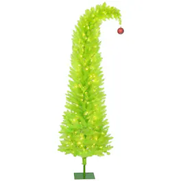 PULUZ - 7 ft Whimsical Christmas Tree, Pencil Xmas Tree with Red Ball, Metal Base, Prelit with 250 LED Lights - Green