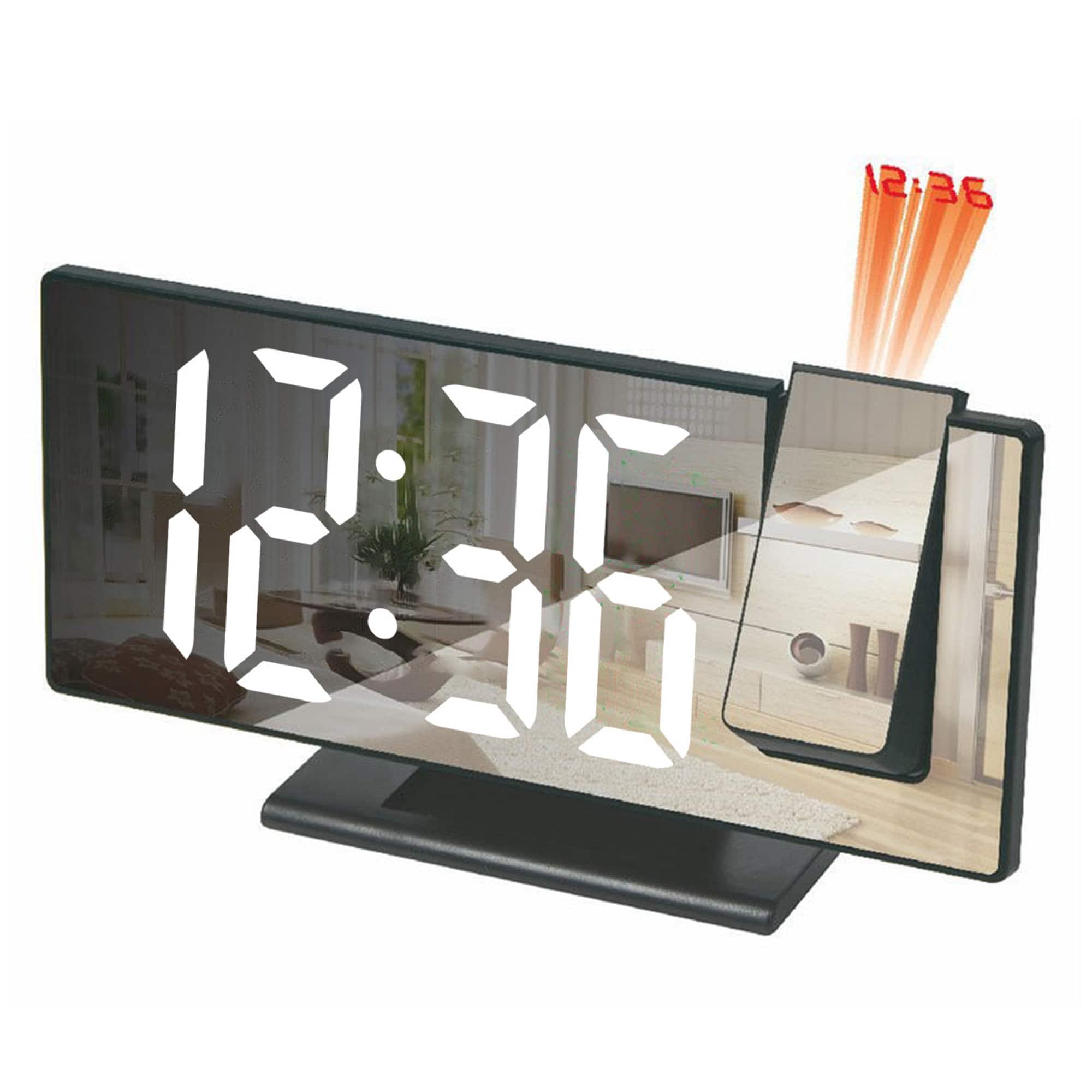 YONWAY - LED Digital Projection Alarm Clock, Bedroom Large Screen Digital Clock, 180℃ Back and Ceiling Projector for Home - Black casing + white light