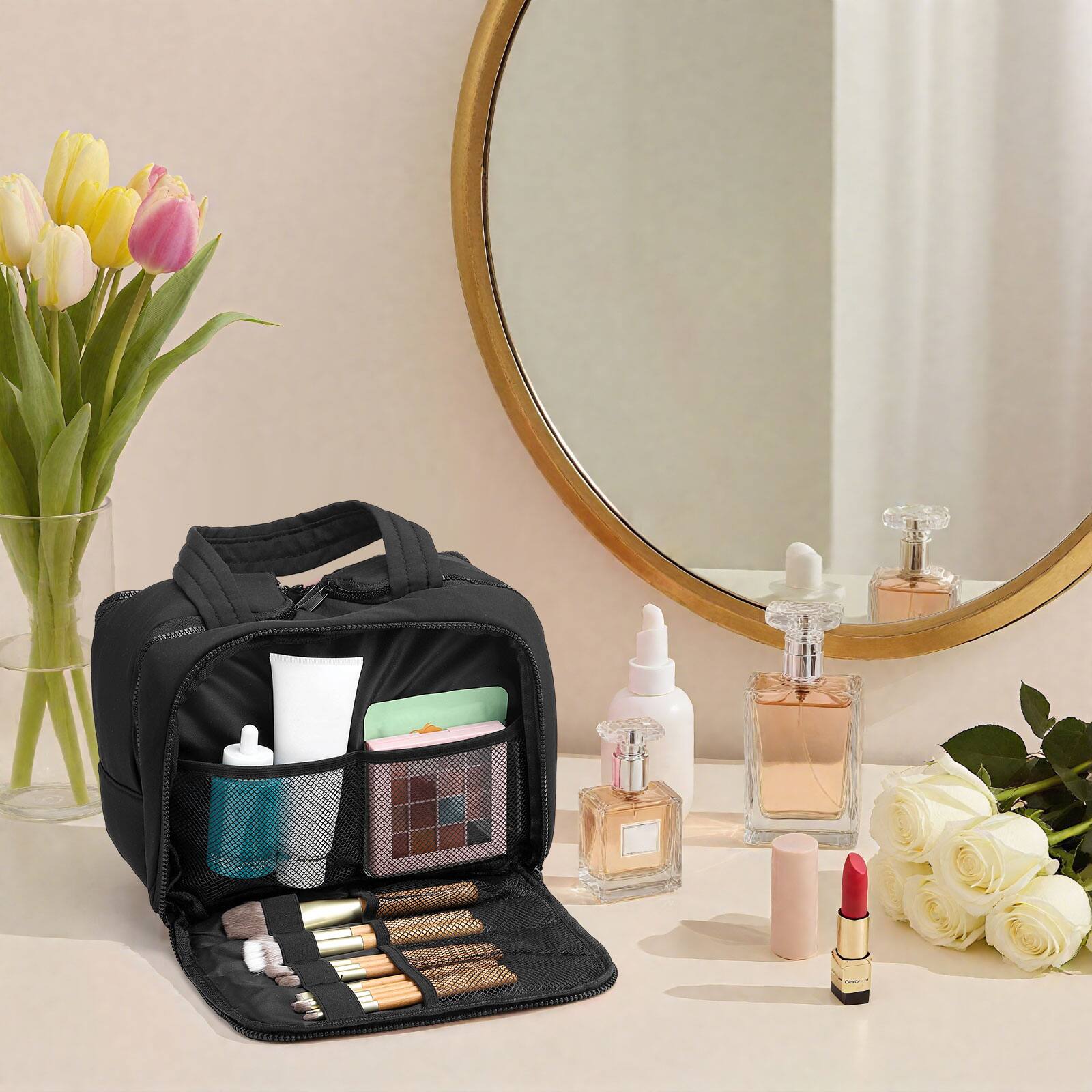 Alt View 3. Unique Bargains - Puffy Makeup Bag, Large Travel Toiletry Bag, Cosmetic Organizer for Women with Handle, Lightweight - Black.