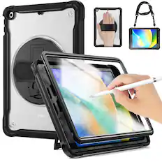 Front. Dteck - Rugged Case for Apple iPad (9th Generation) 10.2" 2021 Built-in Screen Protector, Shockproof Kickstand Cover with Strap - Black.