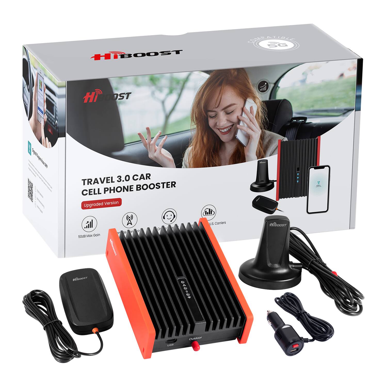 HiBOOST TTU 5G Hi DOST al atp TRAVEL 3.0 CAR PHONE BOOSTER CELL Upgraded Version (-) . SO2M MZX Gain H Comiert HibooST D #loo G CAARAY