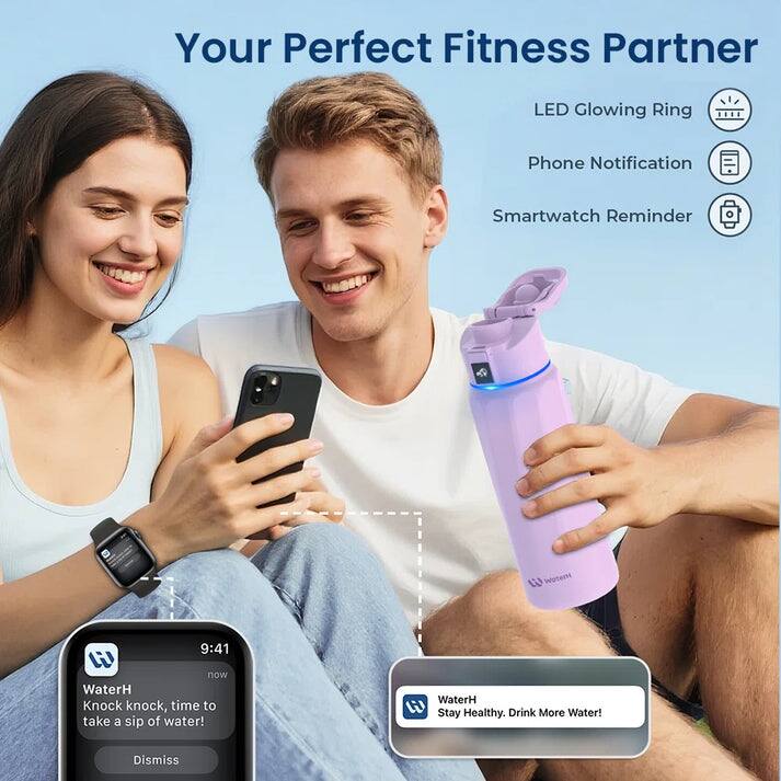 Your Perfect Fitness Partner, LED Glowing Ring, Phone Notification, Smartwatch Reminder, W WaterH 9:41, W now, WaterH Knock knock, time to take a sip of water!, WaterH, W Drink More Water!, Stay Healthy., Dismiss.