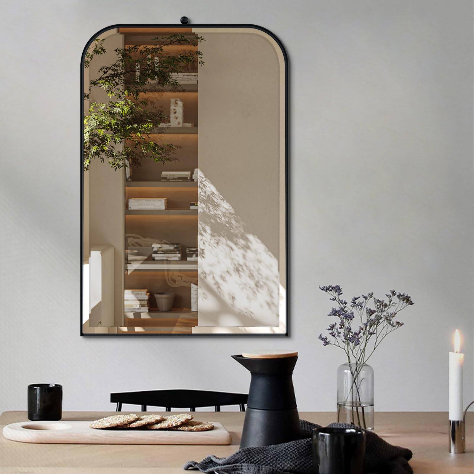 Empire DigiLabs - Brushed Mirror Brass Beveled Mirrors For Bathroom Rounded Rectangle Modern Vanity Wall In Stainless Steel F - Black Arch 38"L x 24"W