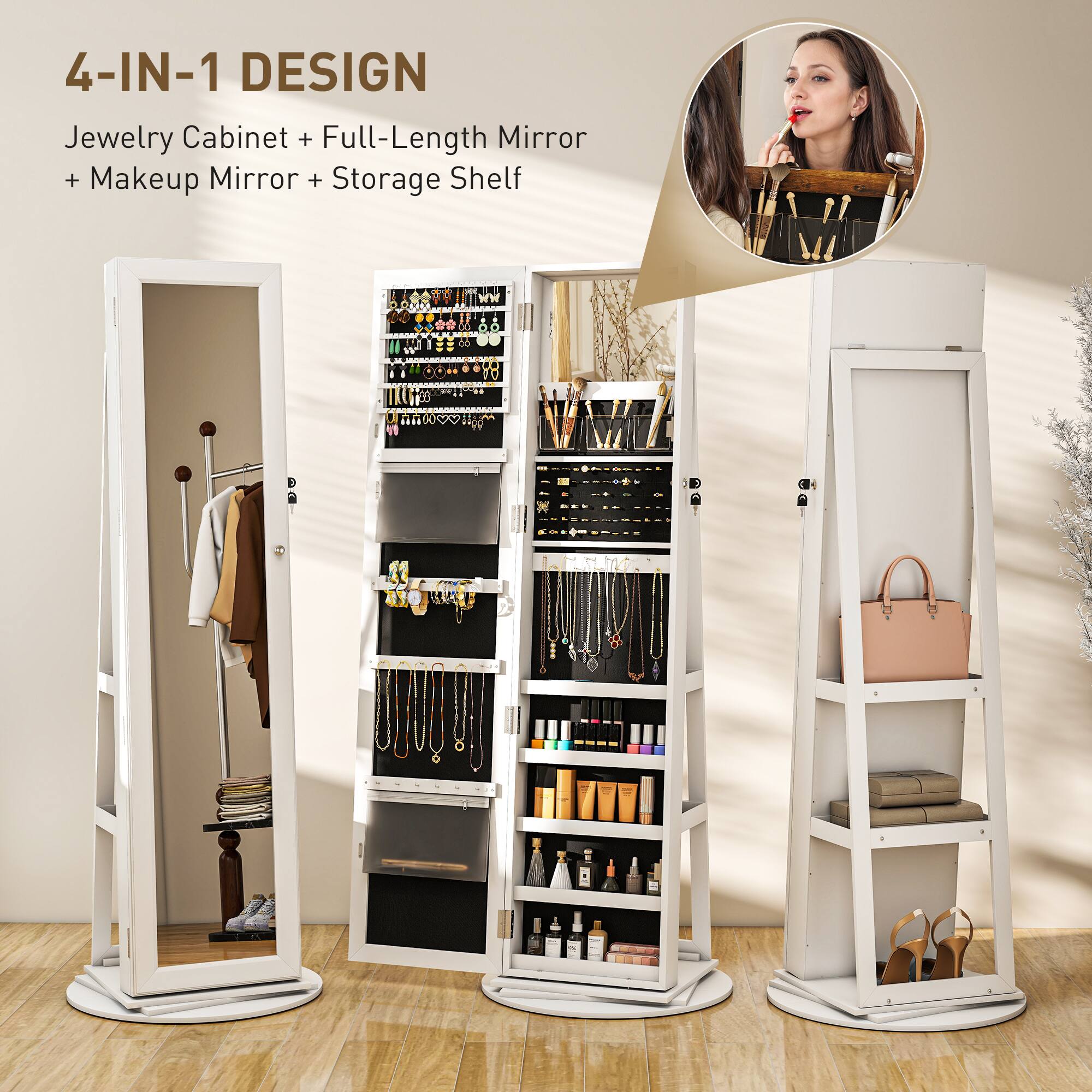 4-IN-1 DESIGN Jewelry Cabinet + Full-Length Mirror + Makeup Mirror + Storage Shelf HARC0 3