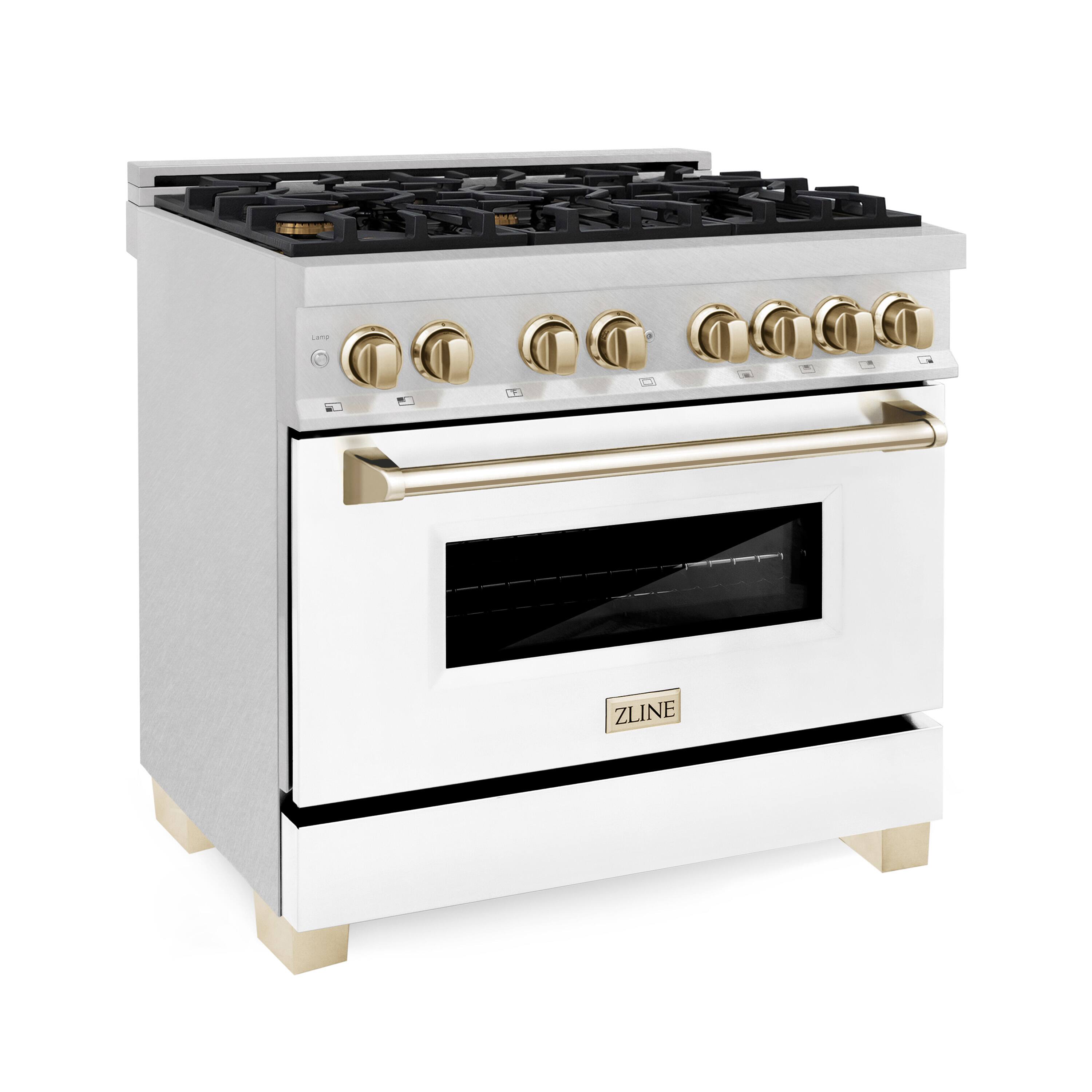 Left. ZLINE - ZLINE Autograph 36 in. Legacy Dual Fuel Range in Satin Steel w/ White & Gold Accents (RASZ-WM-36-G) - Stainless steel.
