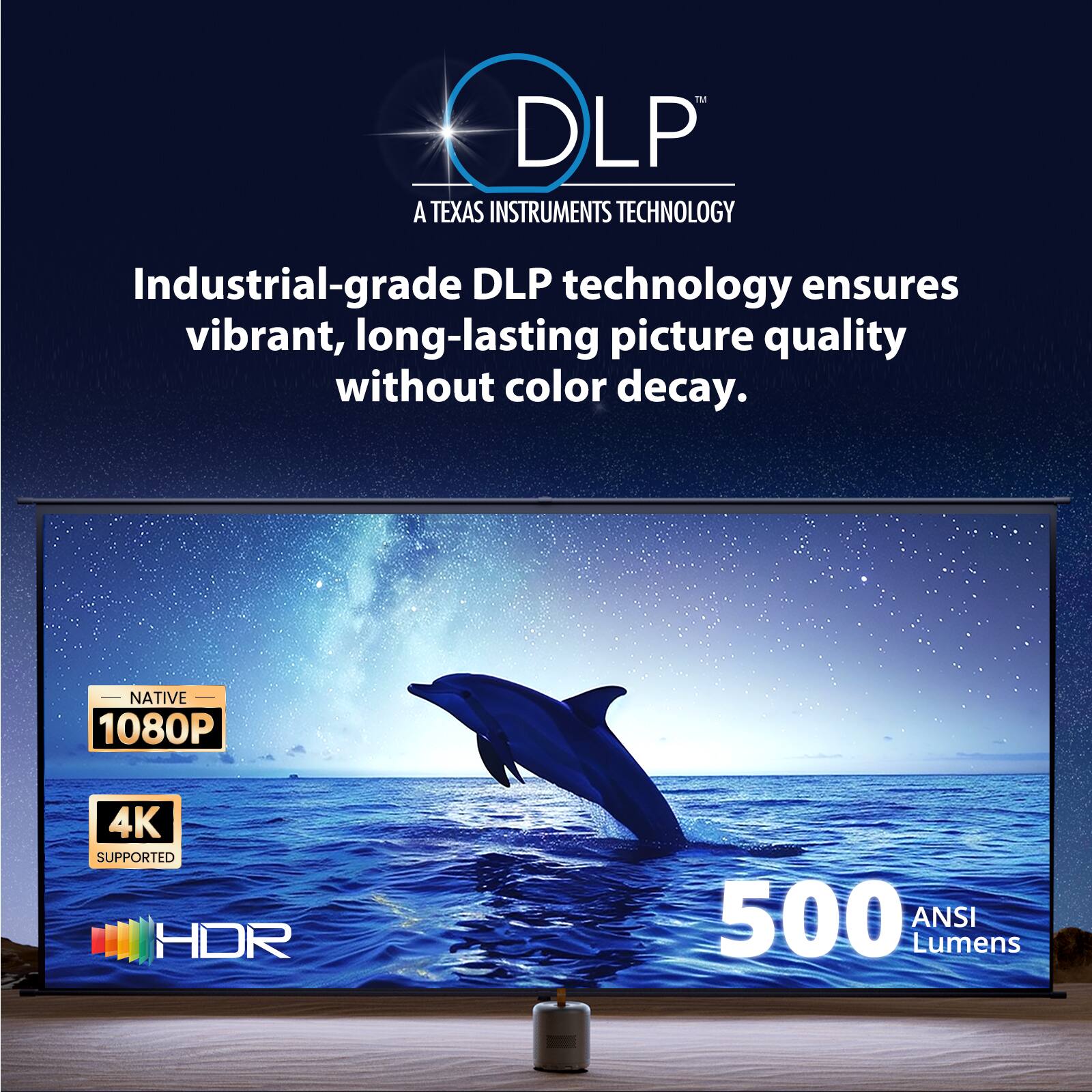 TM DLP A TEXAS INSTRUMENTS TECHNOLOGY  
Industrial-grade DLP technology ensures vibrant, long-lasting picture quality without color decay.  
NATIVE 1080P  
4K SUPPORTED  
HDR  
500 ANSI Lumens