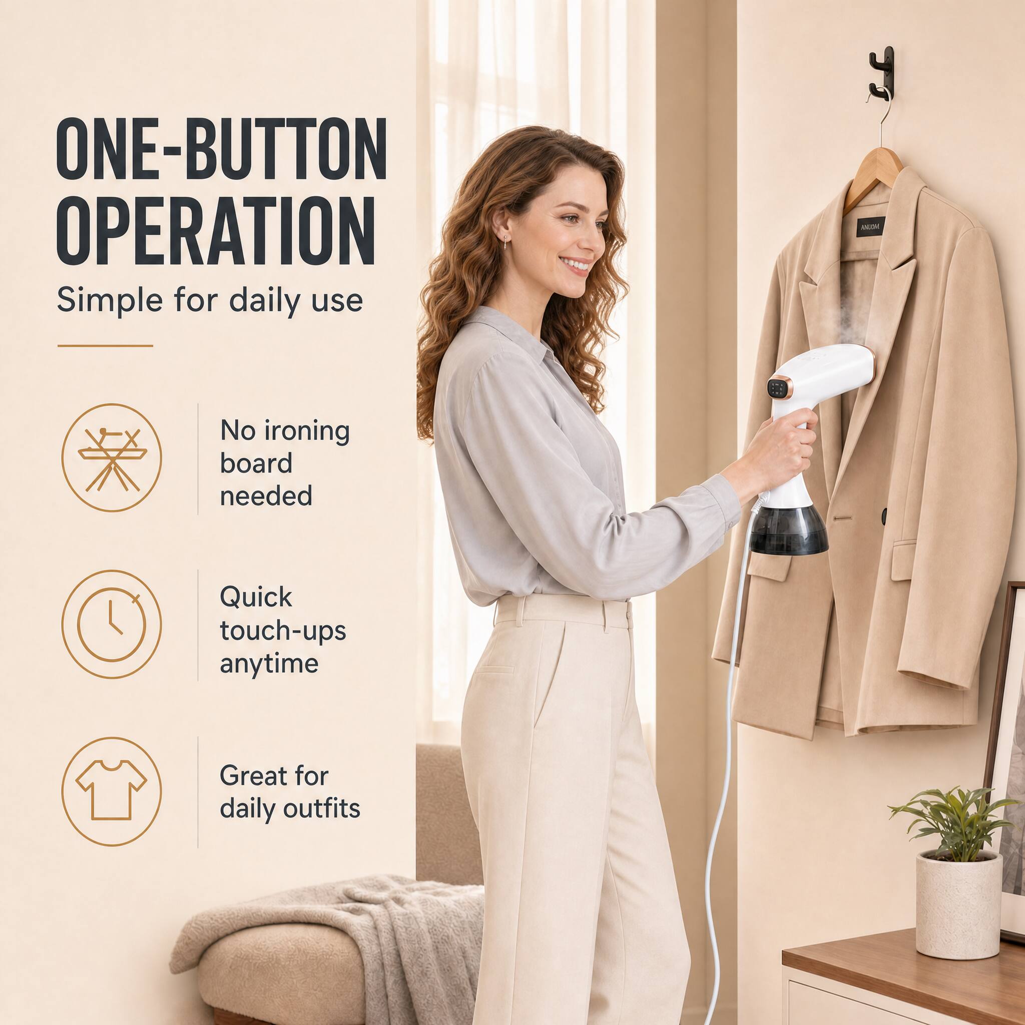 ONE-BUTTON OPERATION  
Simple for daily use

- No ironing board needed
- Quick touch-ups anytime
- Great for daily outfits