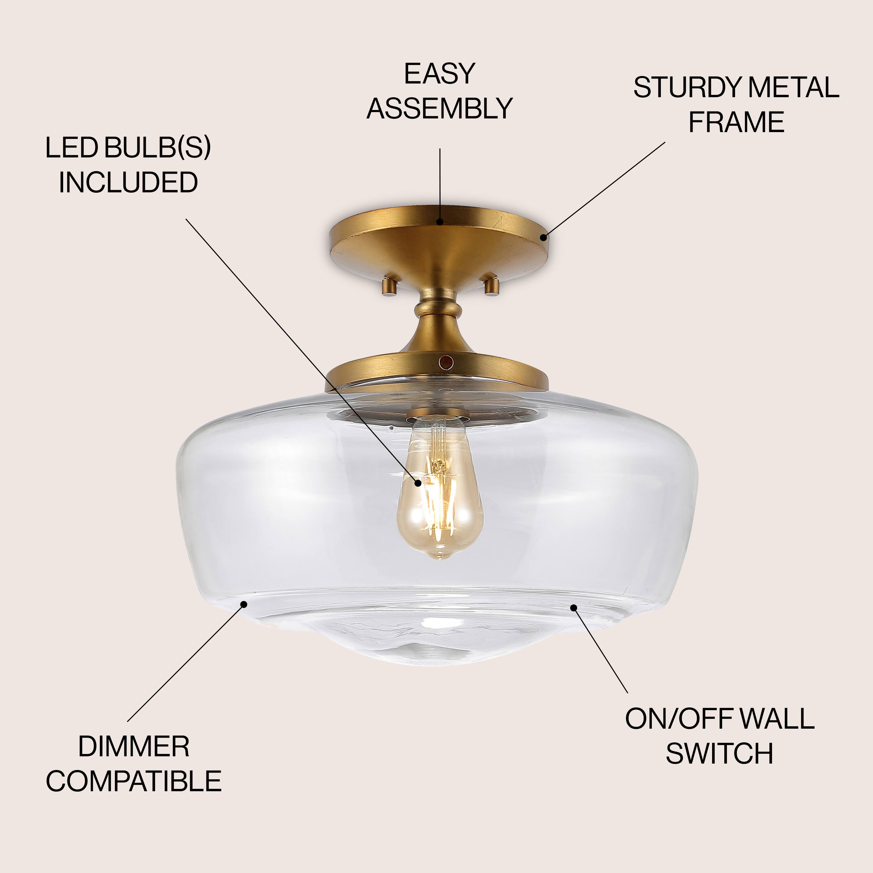 LED BULB(S) INCLUDED  
EASY ASSEMBLY  
STURDY METAL FRAME  
DIMMER COMPATIBLE  
ON/OFF WALL SWITCH