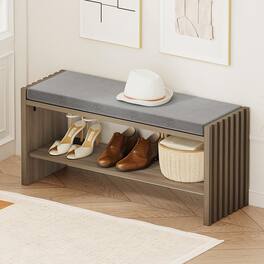 Fabibe - Modern Wood Bench Oak Entryway with Shoe Storage, 2-Tier Rack - Greige Oak