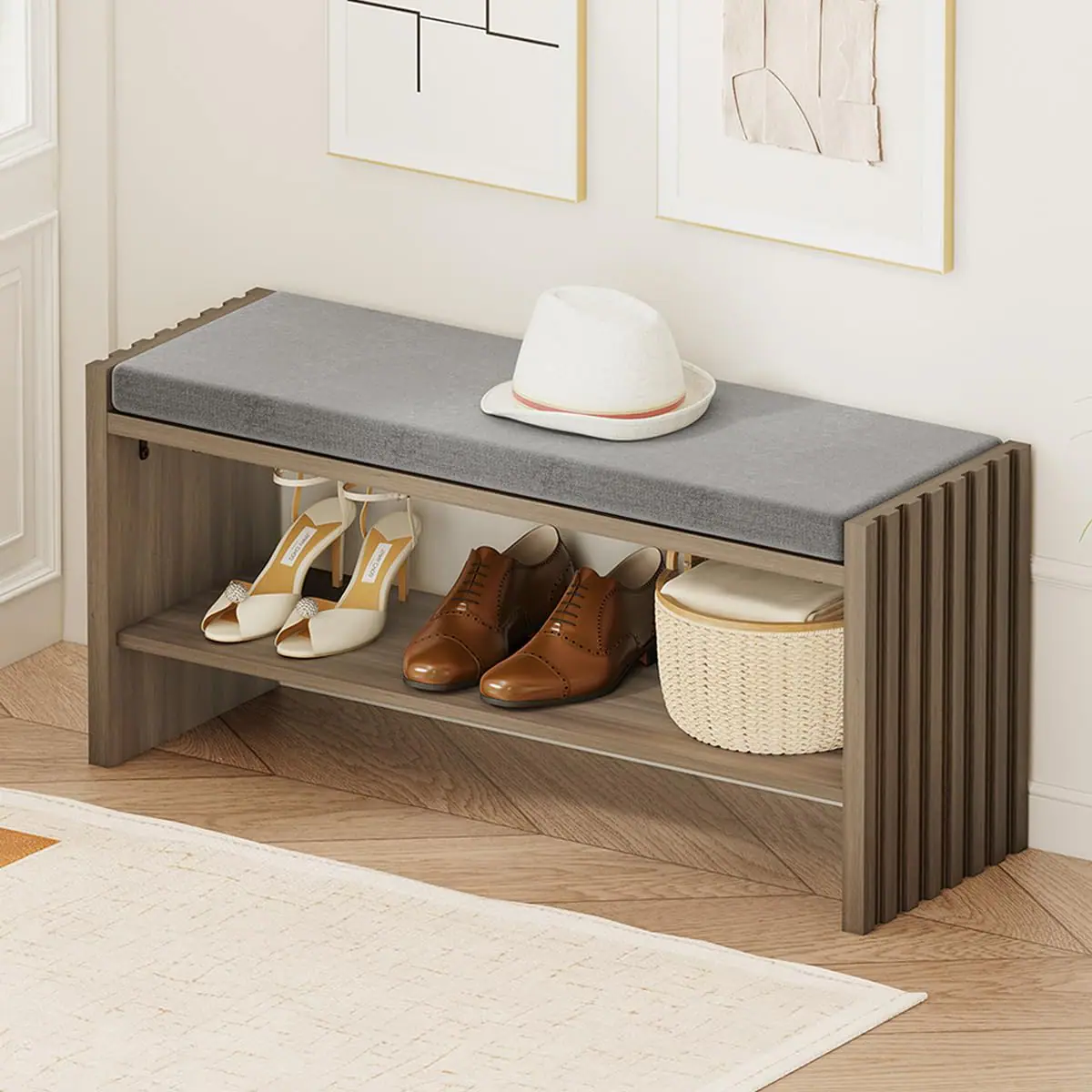 Front. Fabibe - Modern Wood Bench Oak Entryway with Shoe Storage, 2-Tier Rack - Greige Oak.