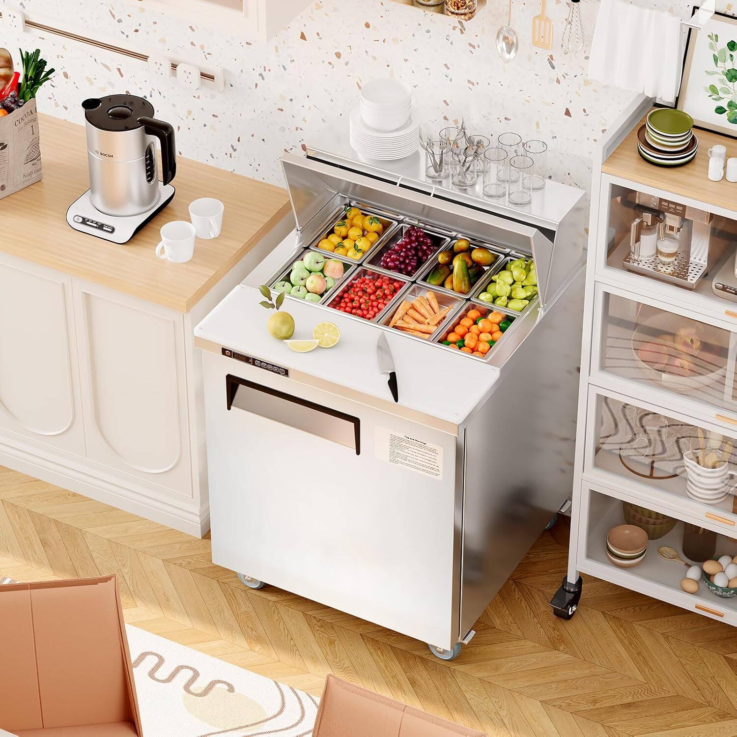 Left. GARVEE - 28" Commercial Sandwich Prep Table Refrigerator Salad Prep Fridge with 8 Food Pans and Cooling Rail for Restaurant - sliver.