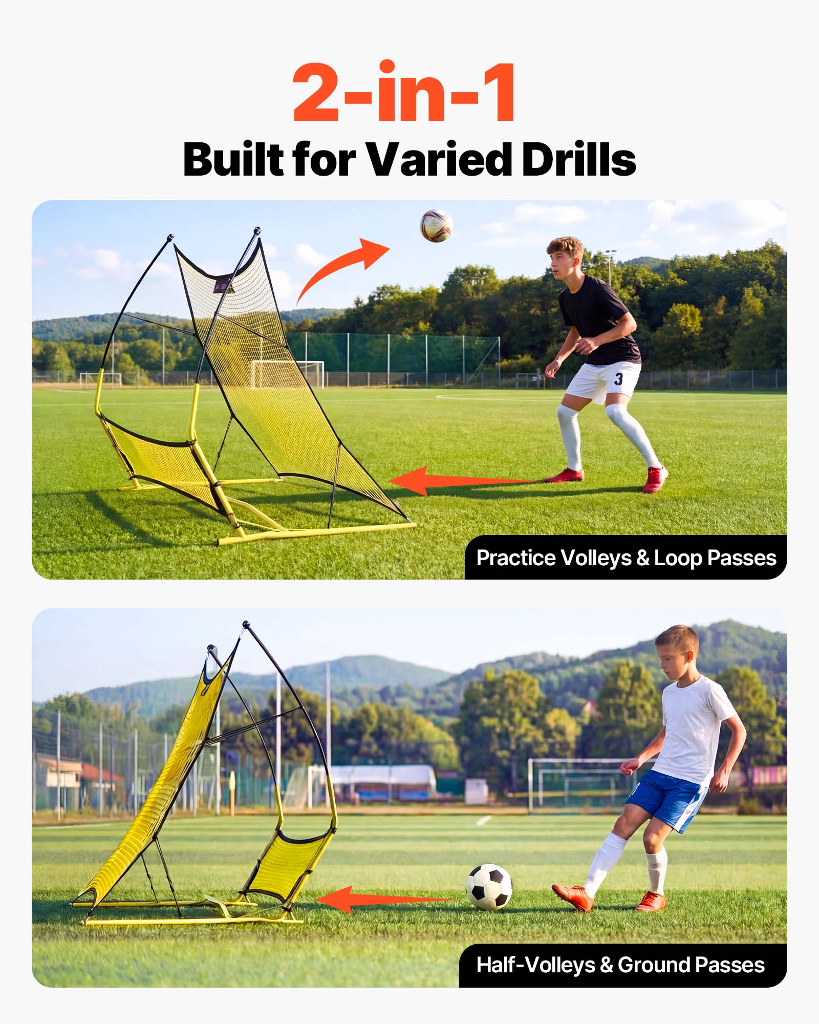 2-in-1 Built for Varied Drills

Practice Volleys & Loop Passes

Half-Volleys & Ground Passes
