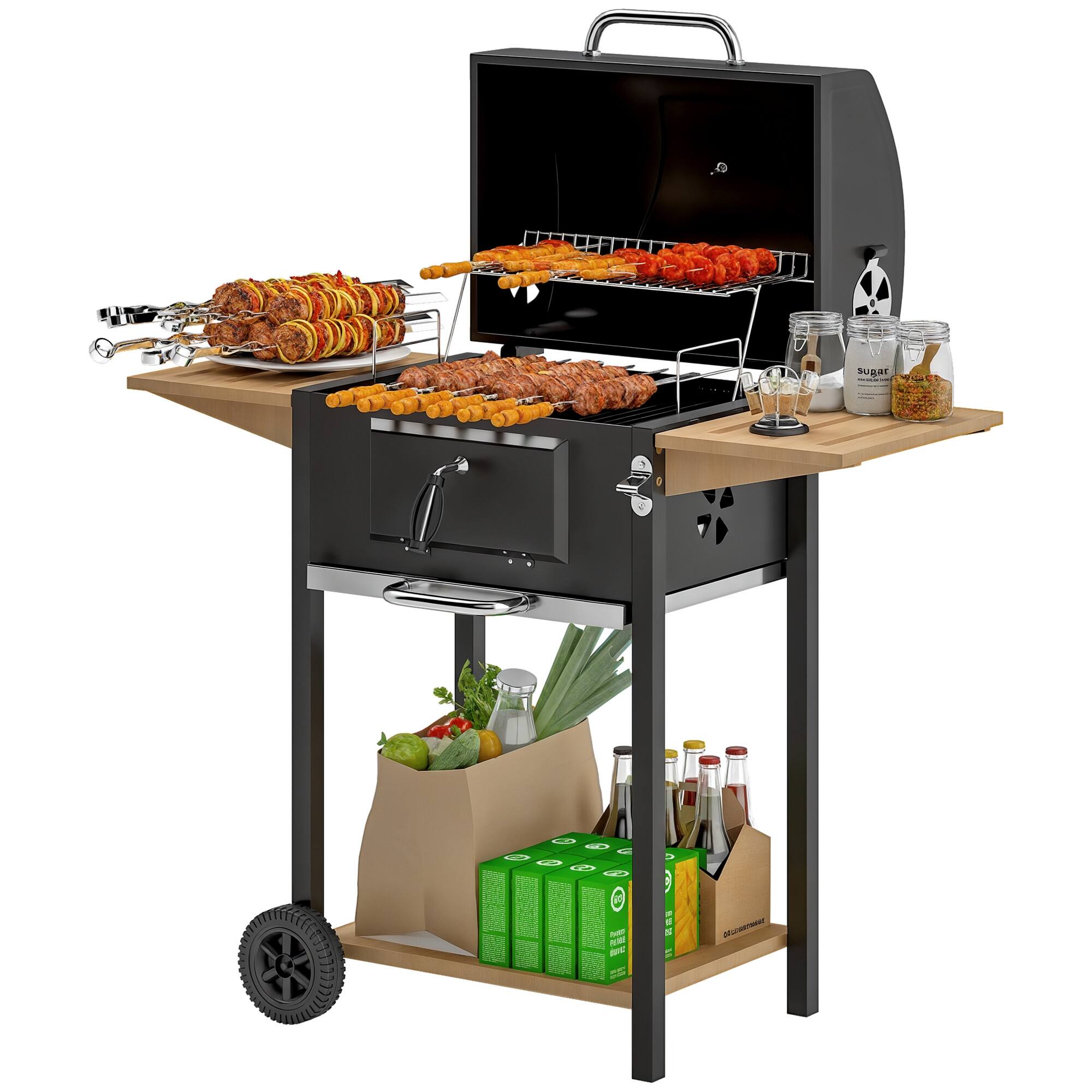 Outsunny - Charcoal BBQ Grill with 245 sq. in. Cooking Area, Outdoor Barbecue Grill with Adjustable Charcoal Pan - Black