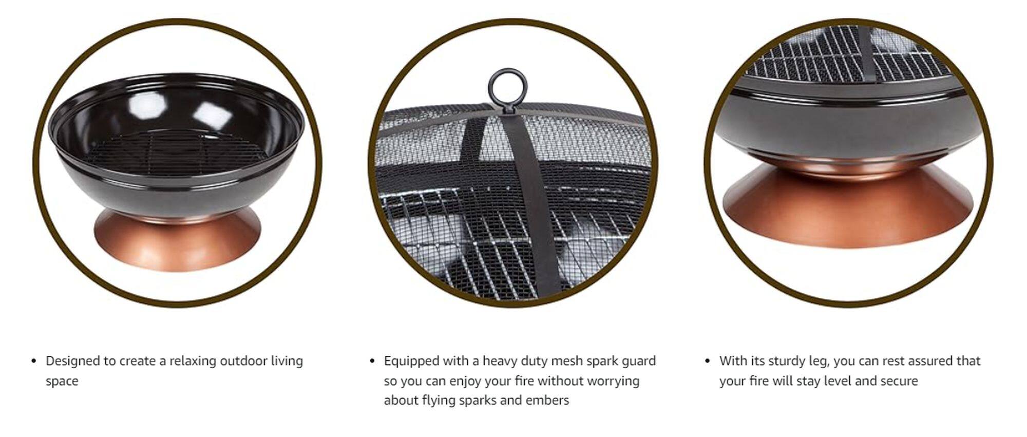 Designed to create a relaxing outdoor living space, the fire pit is equipped with a heavy duty mesh spark guard to ensure you can enjoy your fire without worrying about flying sparks and embers. The sturdy leg of the fire pit ensures that it stays level and secure, providing a safe and stable base for your fire.