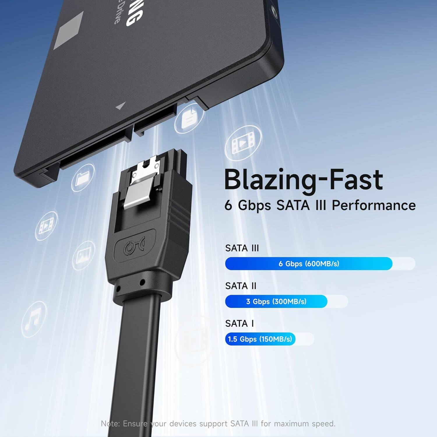 E Drive NG Blazing-Fast 6 Gbps SATA III Performance

- SATA III: 6 Gbps (600MB/s)
- SATA II: 3 Gbps (300MB/s)
- SATA I: 1.5 Gbps (150MB/s)

Note: Ensure your devices support SATA III for maximum speed.