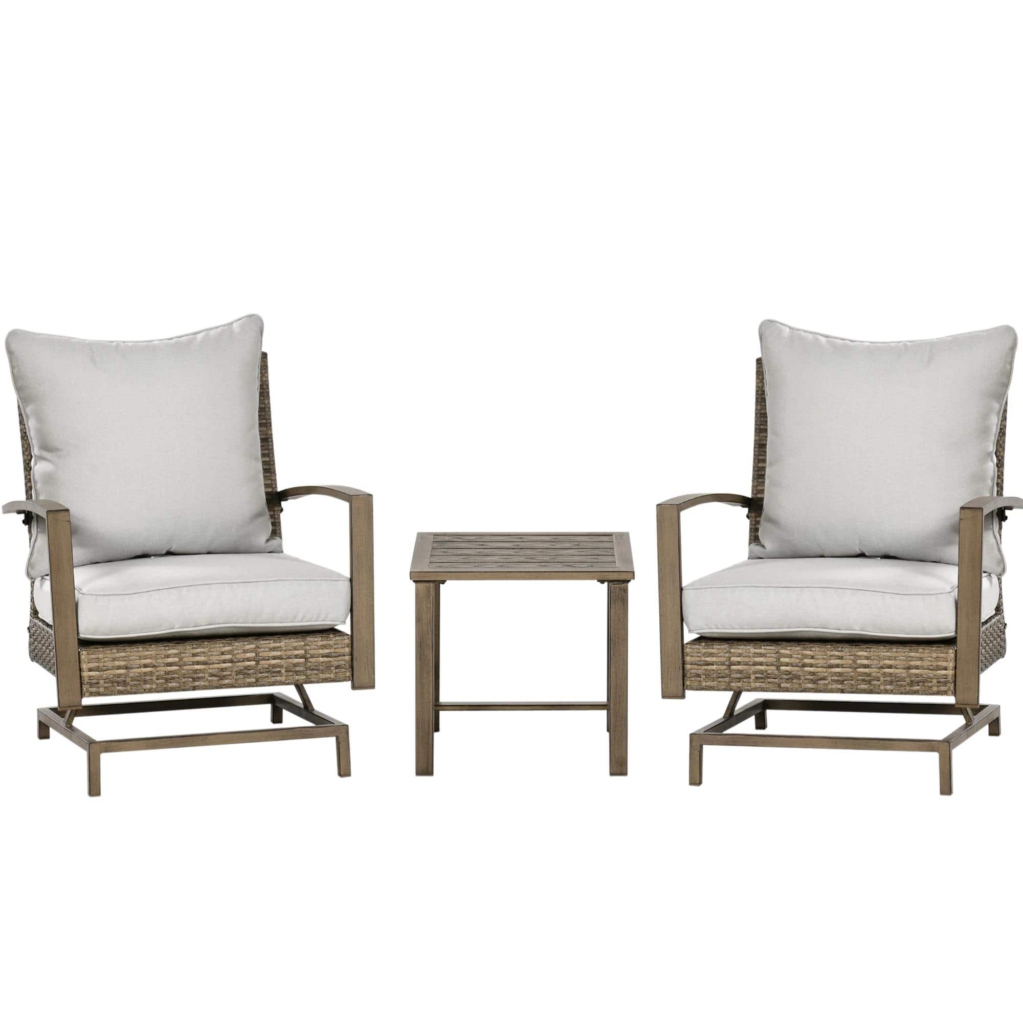 Resenkos - 3-Piece Rattan Patio Bistro Furniture Set, Soft Cushions and Rocking Function - Gray