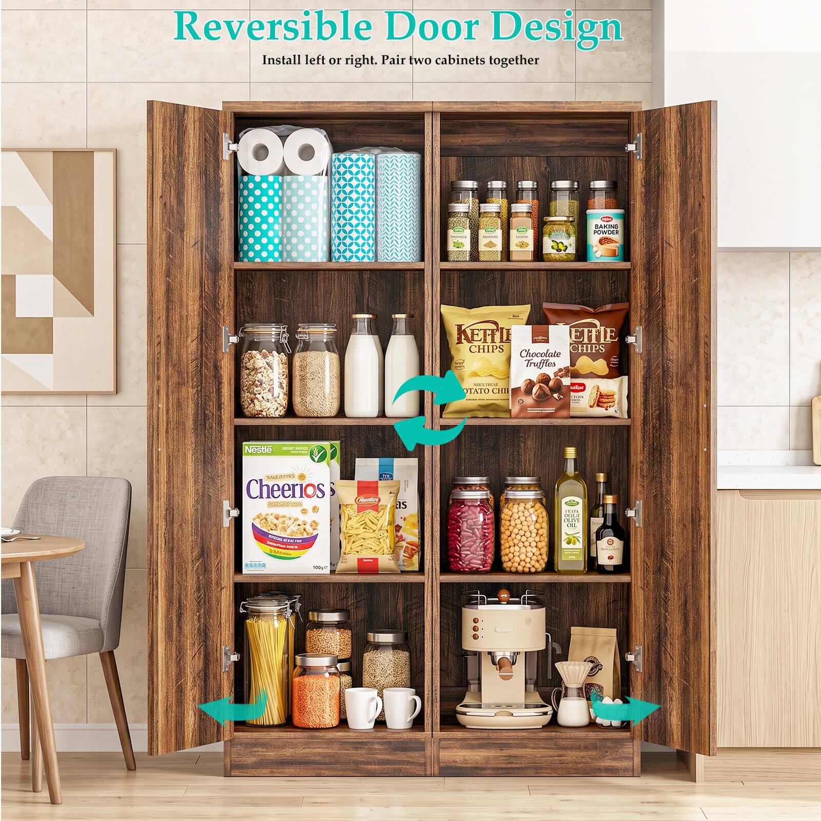 Reversible Door Design  
Install left or right. Pair two cabinets together  

BAKING POWDER  
KEFFLE EHE CHIPS  
CHIPS Chocolate Truffles  
OTATO CHIE  
Nestle - WIN  
SALES S Cheerios MOCHE ON weethe 100g  
as  
LESS DOLE DEST OIL