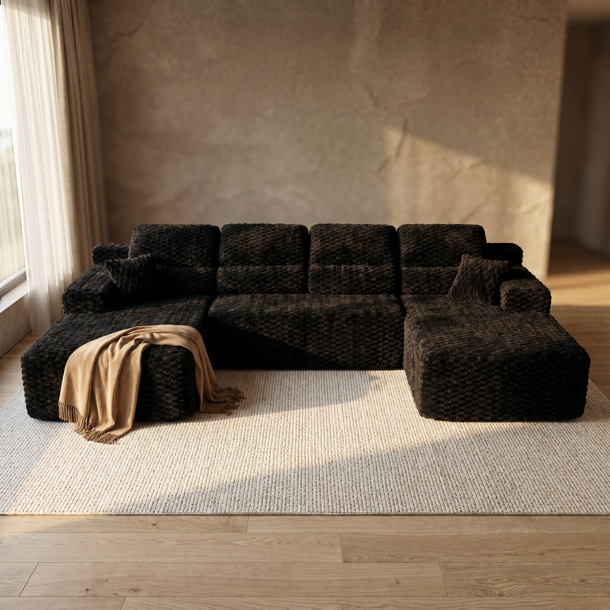 Angle. Famapy - 135" Width Compressed Sectional Sofa No Assembly High-Density Foam, Pet-Friendly 3-Color Choice for Living Room - Black.