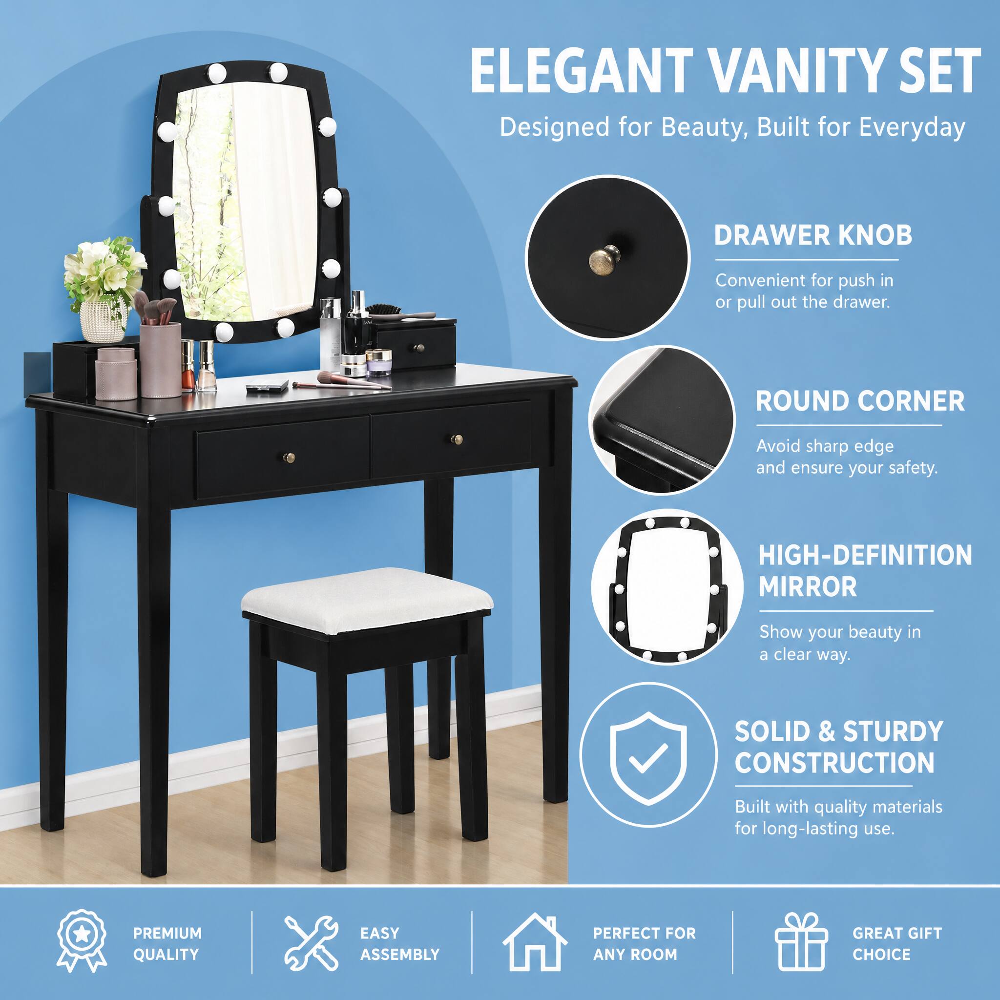 WELLFOR Modern Vanity Table Set with LED Lighted Mirror &4 Drawers