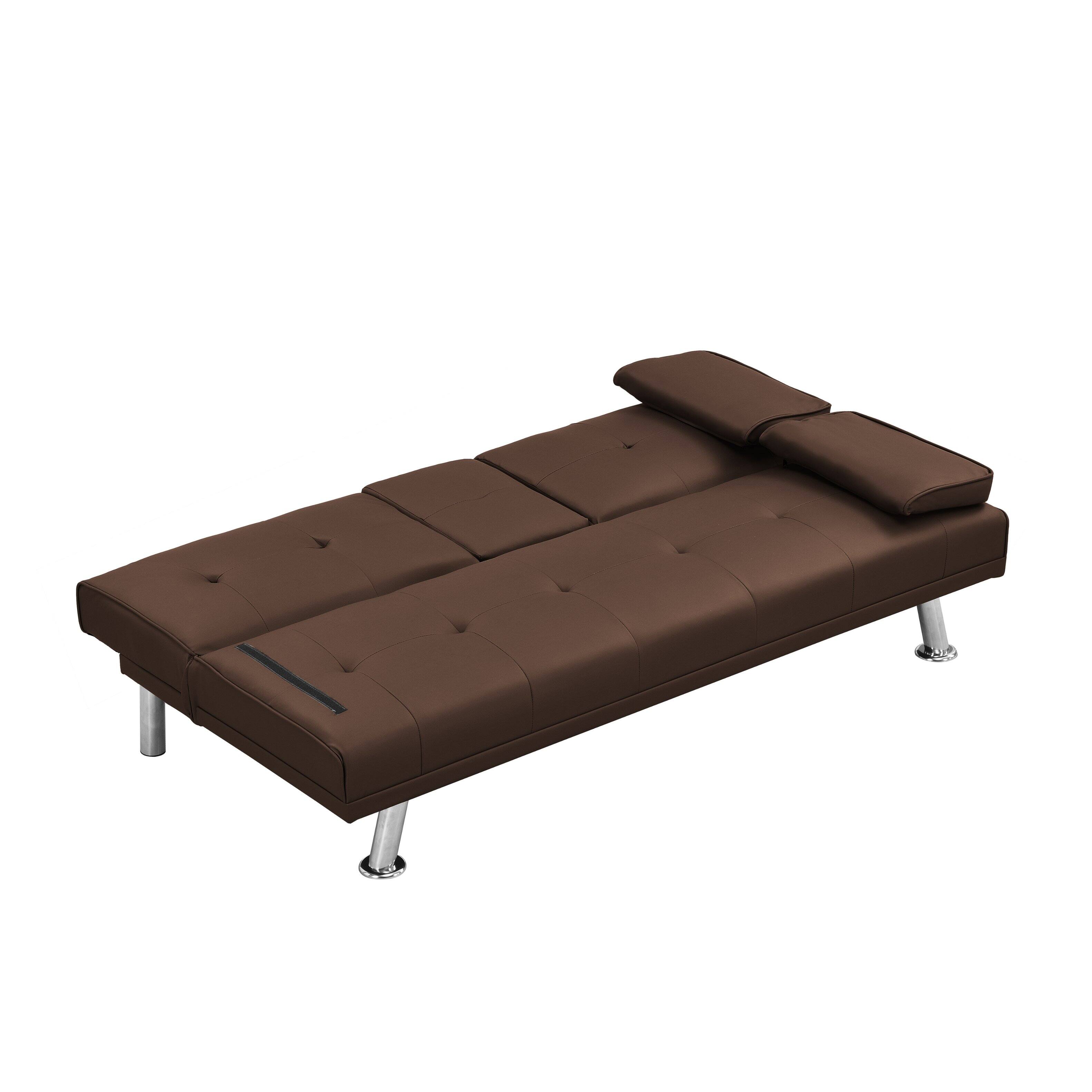 Alt View 4. Tiramisubest - Modern Sofa Bed with Armrest Two Holders, PVC Upholstery, Wood Frame, Stainless Steel Legs, Brown - Brown.