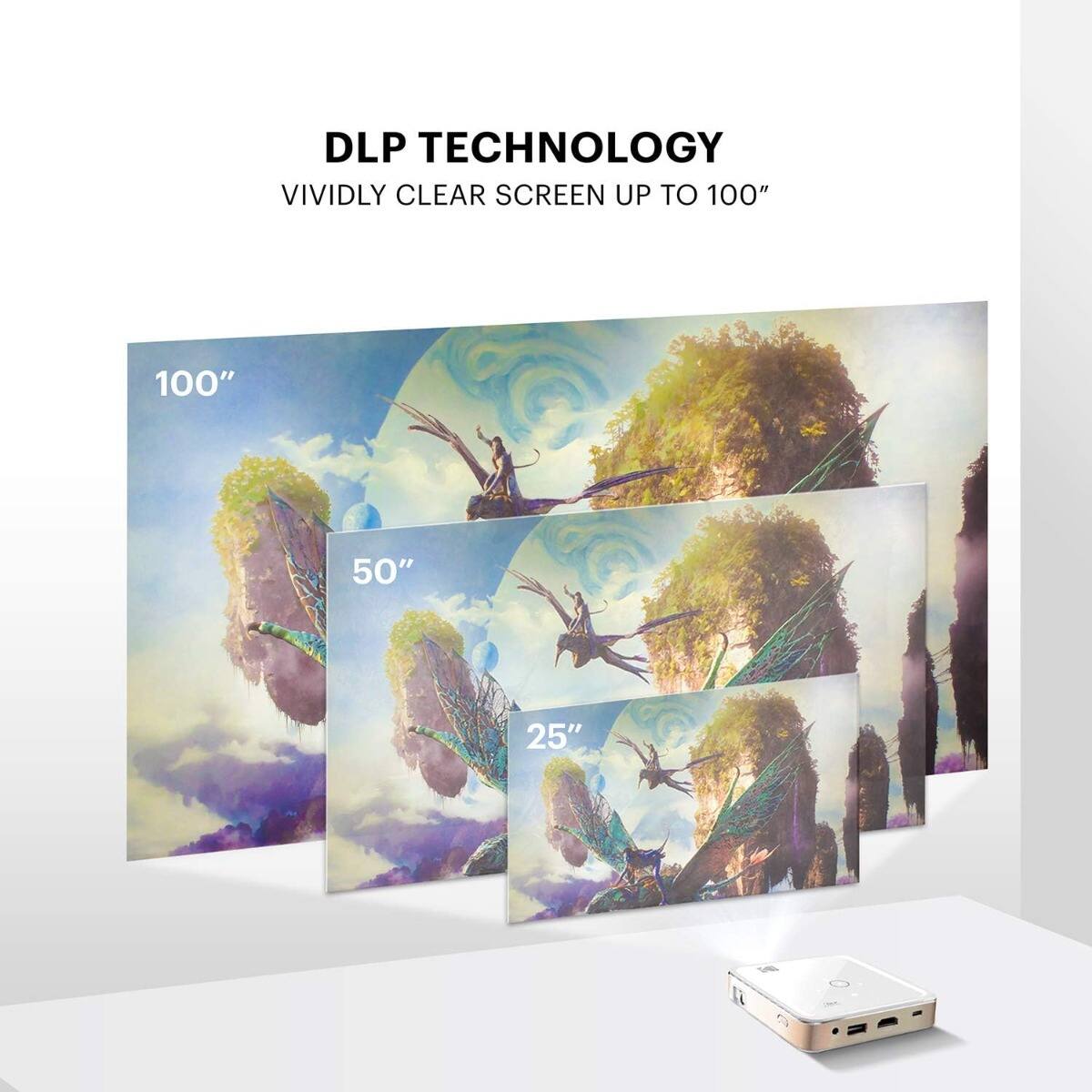 DLP TECHNOLOGY  
VIVIDLY CLEAR SCREEN UP TO 100"