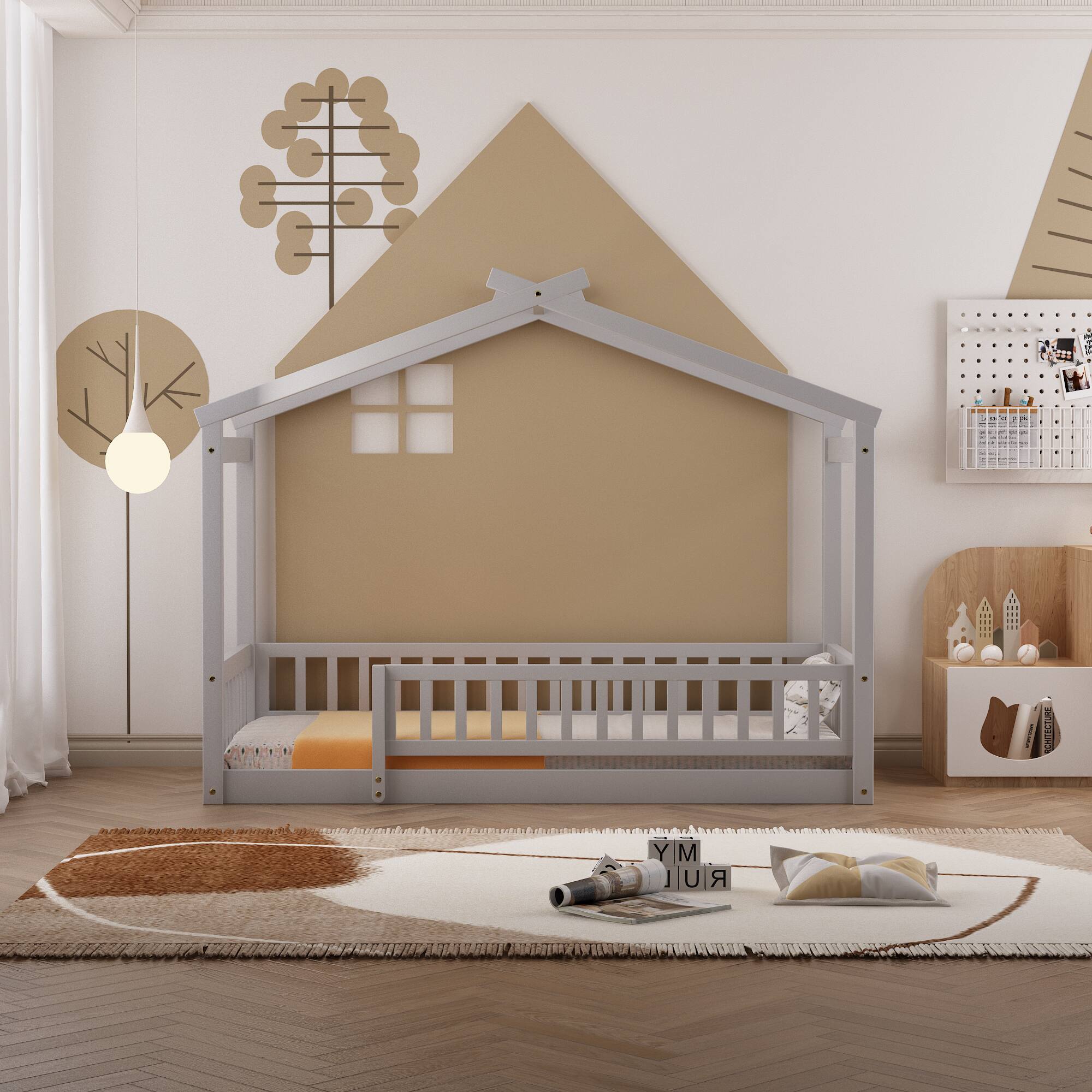 Front. Whisen - Wood House Bed Frame with Fence for Kids and Teens - Gray.