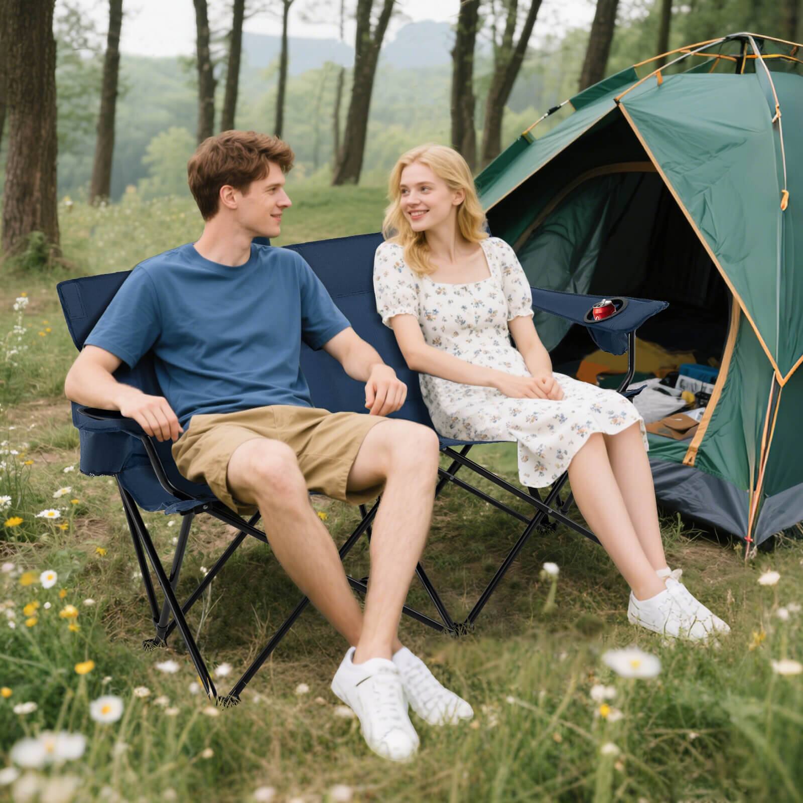 Alt View 1. Costway - Costway 2-Person Outdoor Folding Loveseat with Cup Holders Armrests Carrying Bag - Blue.