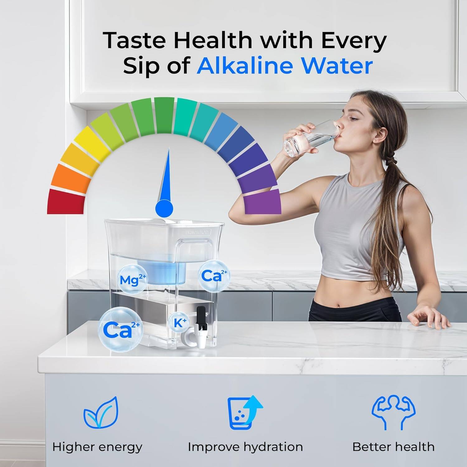 Taste Health with Every Sip of Alkaline Water

2+ Mg2+ Ca2+ 2+ Ca2+ K+

Higher energy
Improve hydration
Better health