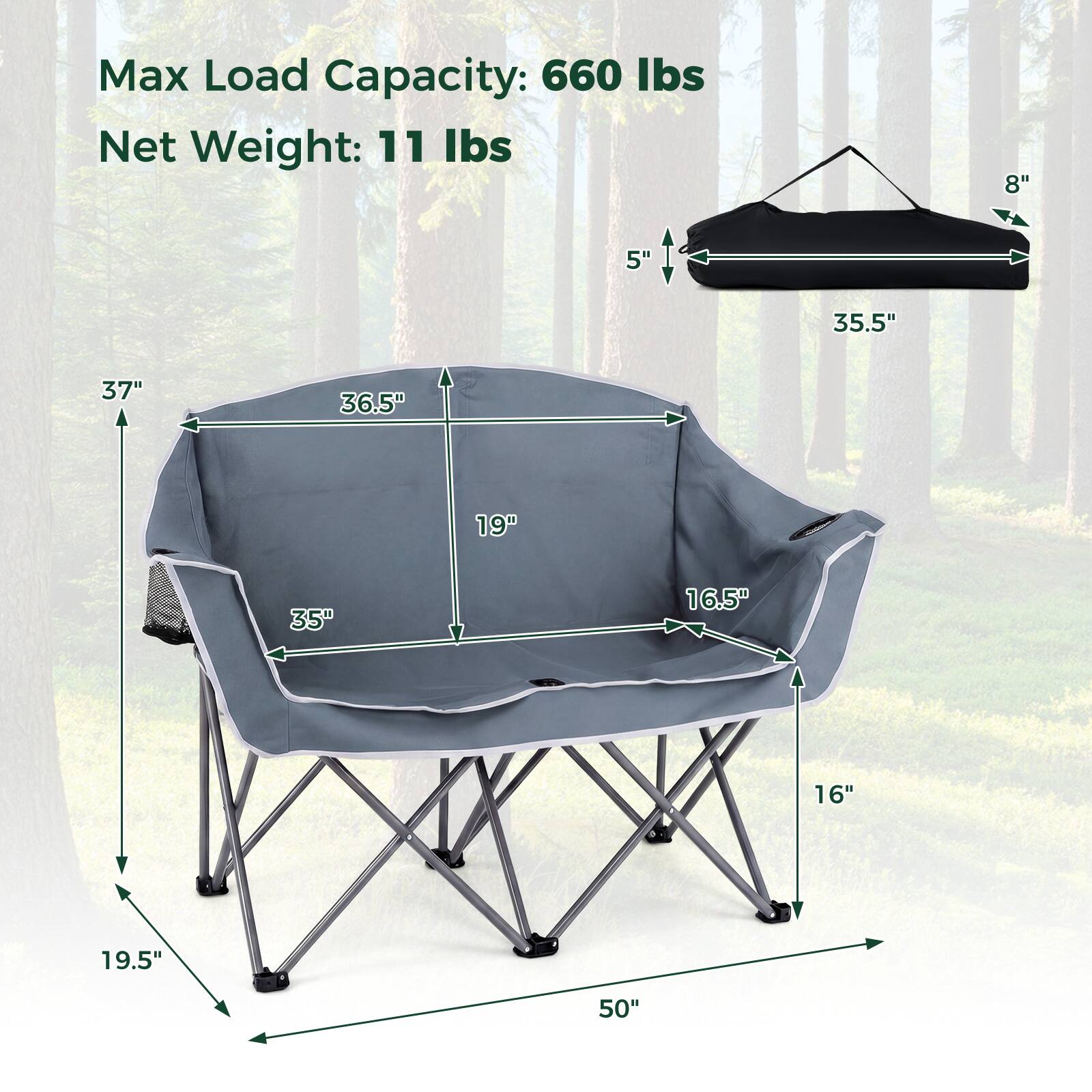 Max Load Capacity: 660 lbs  
Net Weight: 11 lbs  

Dimensions:  
- 8"  
- 5"  
- 35.5"  
- 37"  
- 36.5"  
- 19"  
- 35"  
- 16.5"  
- 16"  
- 19.5"  
- 50"