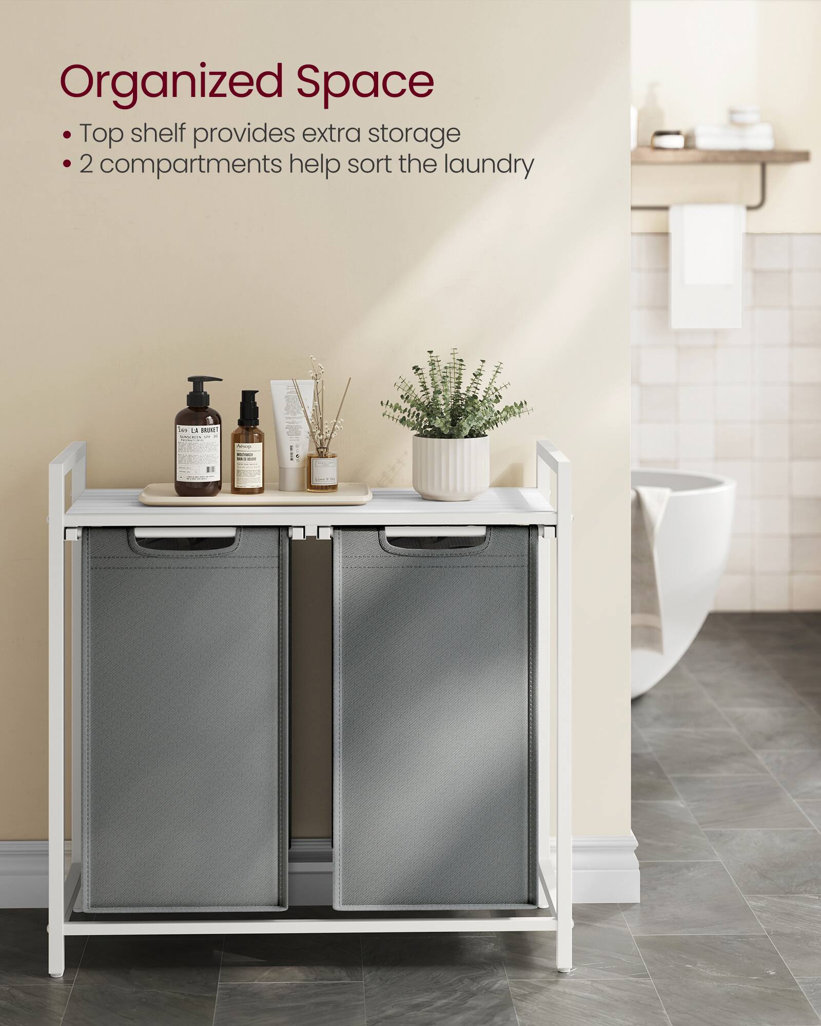 Organized Space  
- Top shelf provides extra storage  
- 2 compartments help sort the laundry