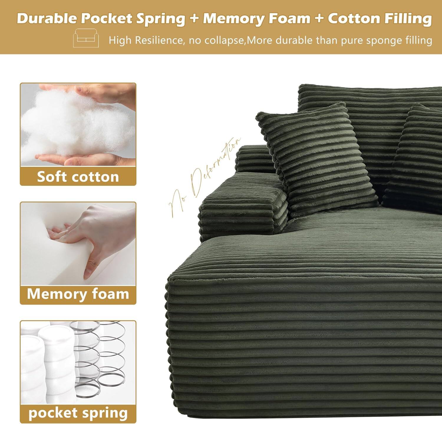 Durable Pocket Spring + Memory Foam + Cotton Filling

High Resilience, no collapse, More durable than pure sponge filling

Soft cotton

Memory foam

pocket spring
