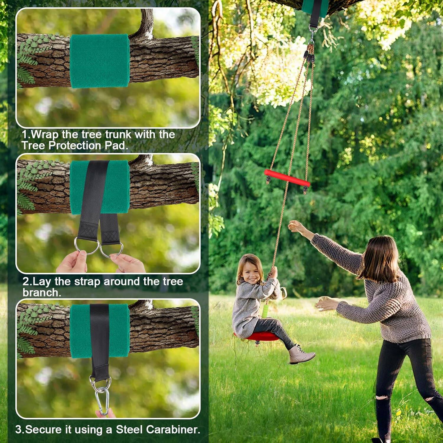 1. Wrap the tree trunk with the Tree Protection Pad.
2. Lay the strap around the tree branch.
3. Secure it using a Steel Carabiner.