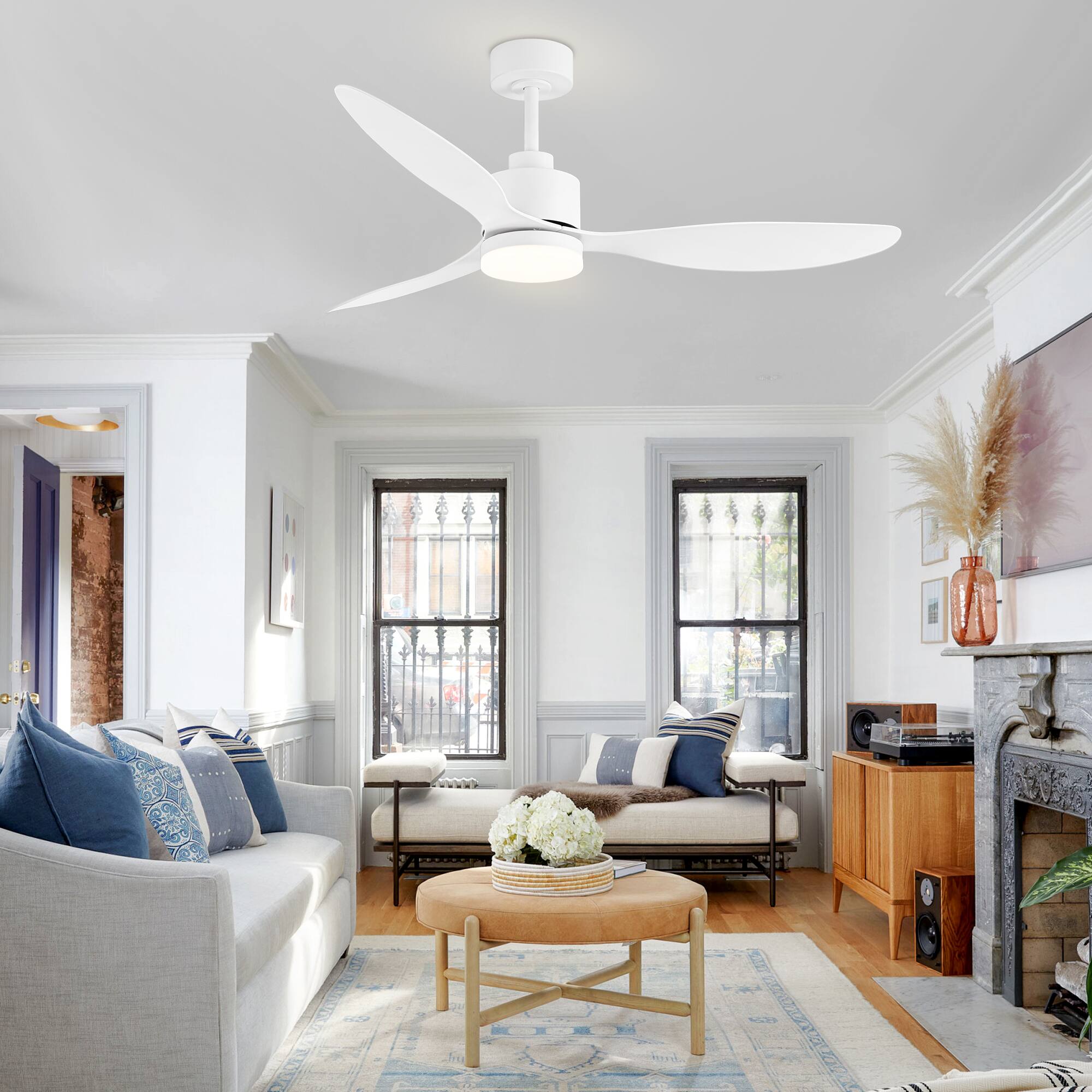 Alt View 2. Breezary - 52" Indoor Ceiling Fan, 3 ABS Blades, 6-Speed DC Motor, Remote Control, Memory/Timer, 3-Color LED Light, 5"/10" Downrods - Matte White.