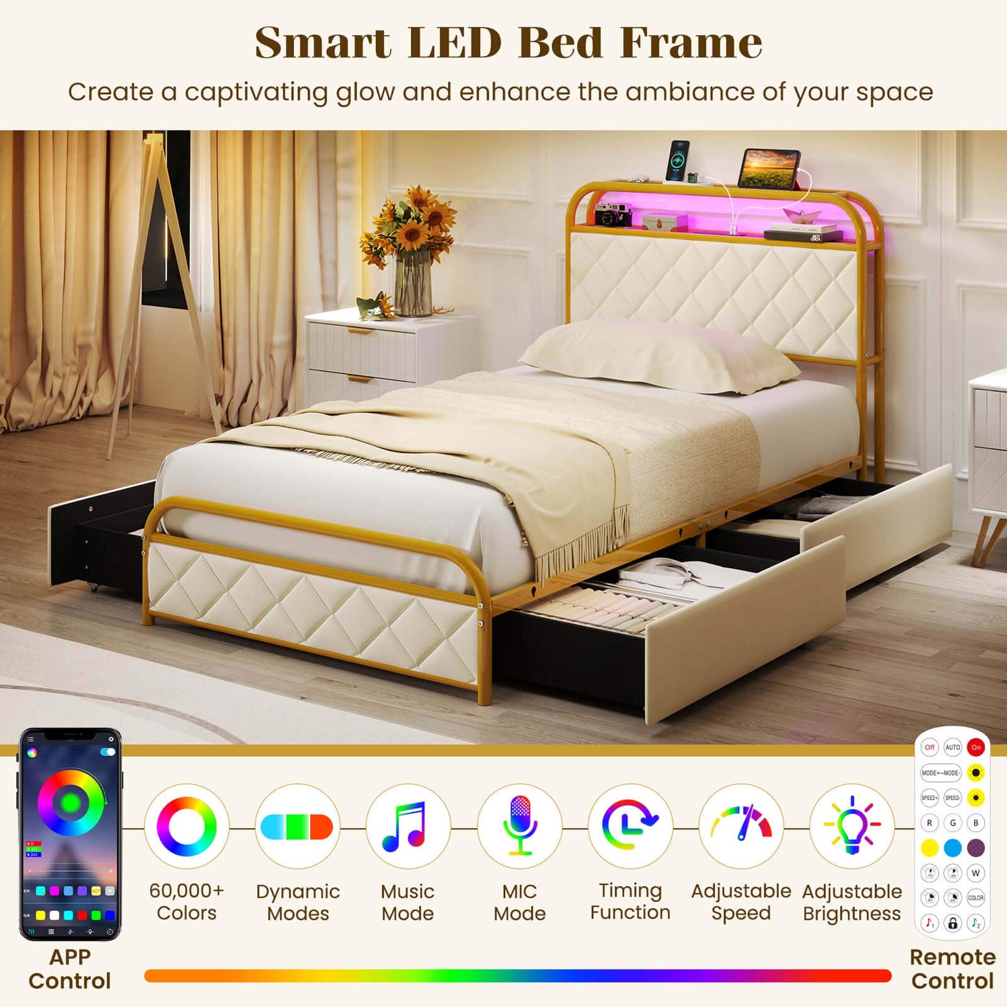 Smart LED Bed Frame: Create a captivating glow and enhance the ambiance of your space. Features:
* 60,000+ Dynamic Colors Modes
* Music Mode
* MIC Mode
* Timing Adjustable
* Adjustable Function
* Speed
* Brightness
Control:
* APP Control
* Remote Control