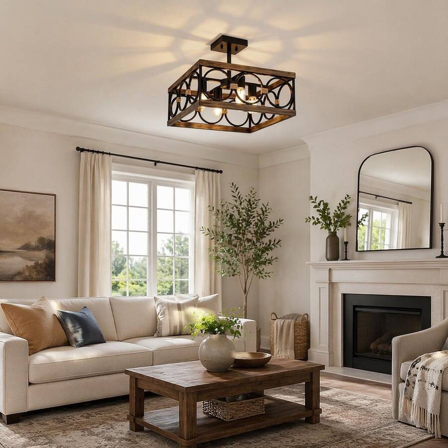 RYHNUYNE 4 Light Farmhouse Wood & Black Metal Rectangular Ceiling Light ...
