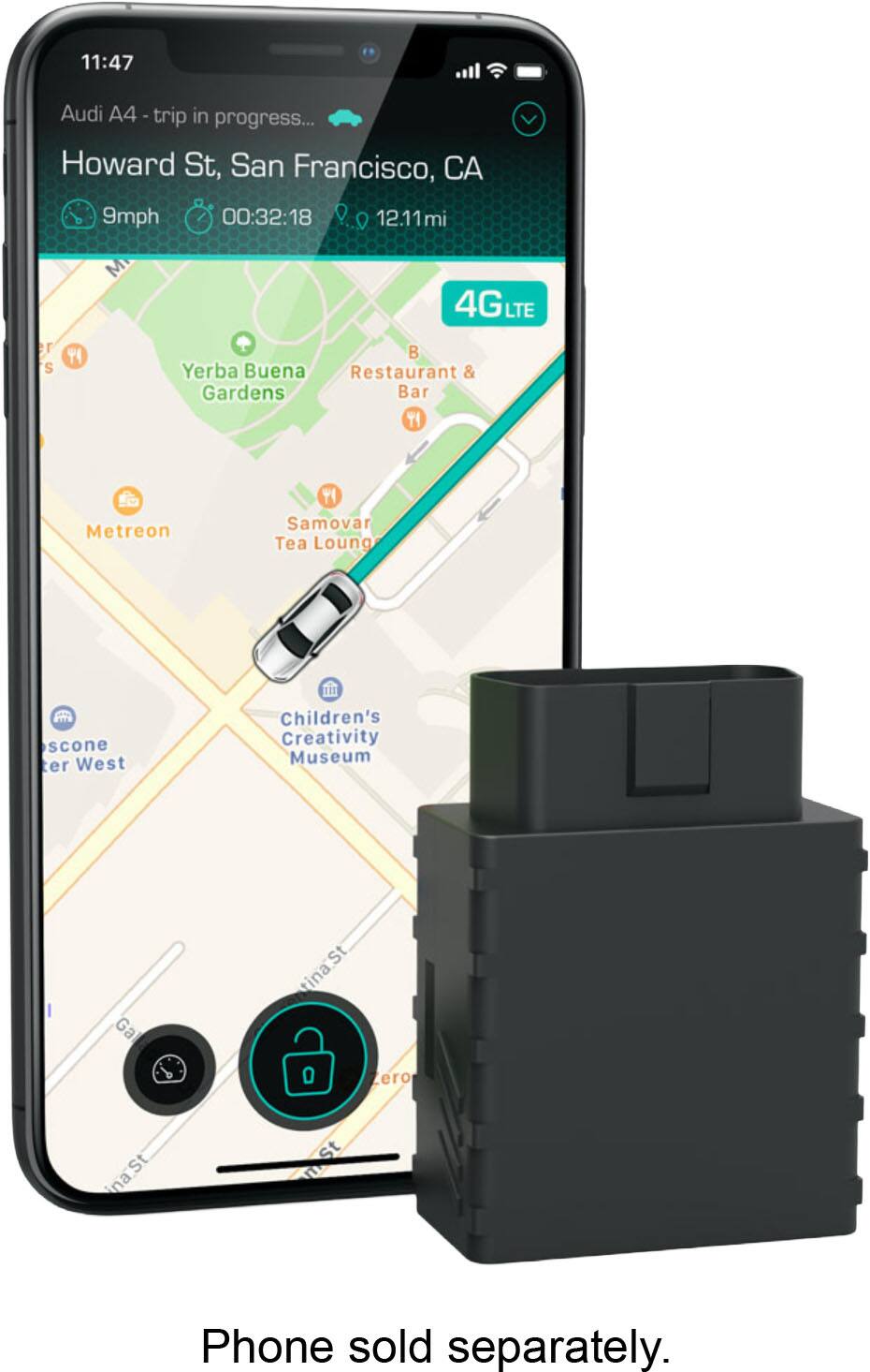 11:47  
Audi A4 - trip in progress...  
Howard St, San Francisco, CA  
9mph 00:32:18 12.11mi  
4G LTE  

Yerba Buena Gardens  
Restaurant & Bar  
Metreon  
Samovar Tea Lounge  
Children's Creativity Museum  
escone Center West  

Phone sold separately.