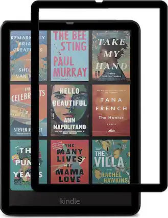 The image features a tablet displaying a variety of books, including "The Beekeeper's Apprentice," "The Searcher," "The Hellfire Club," "The Beautiful and Damned," "The Hand of Paul Murray," "The Hello Kitty Murder," "The Bee Sting," "The Napolitanos," "The Lives of Villa," "The Mama of Rachel Hawkins," and "The Lives of Villa." These books are arranged in a grid-like pattern, showcasing their covers and titles.