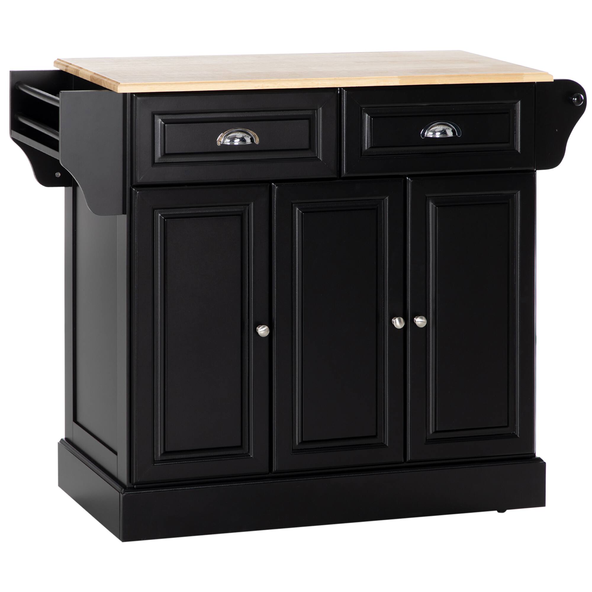 Front. Homcom - Rolling Kitchen Island with Storage, Wood Countertop Cart, 2 Drawers, 3 Cabinets, Towel Rack & Spice Stand - black.