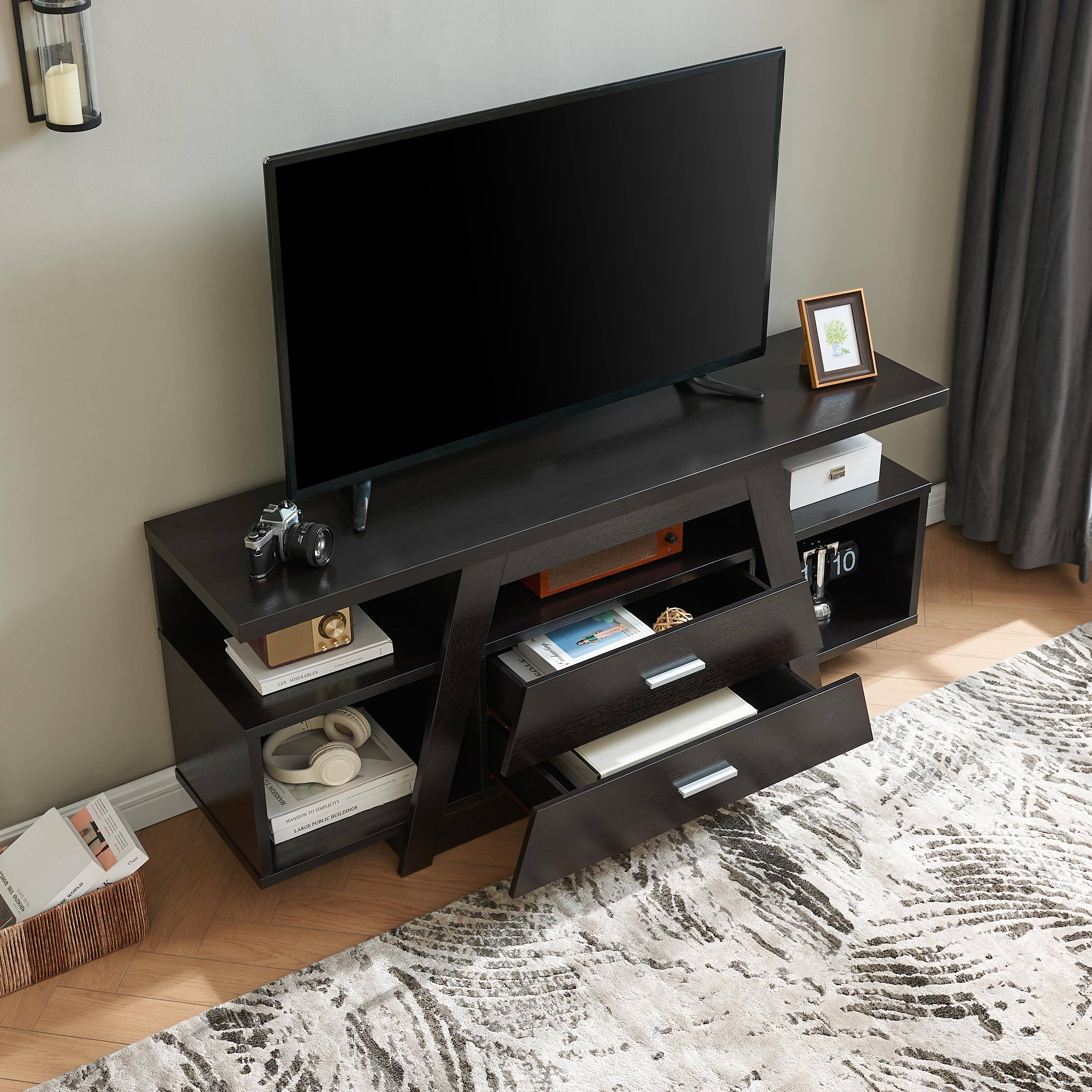 Angle. APRILSOUL - Two drawer tv stand cabinet tall with two cubbies divided shelf modern design - Espresso.