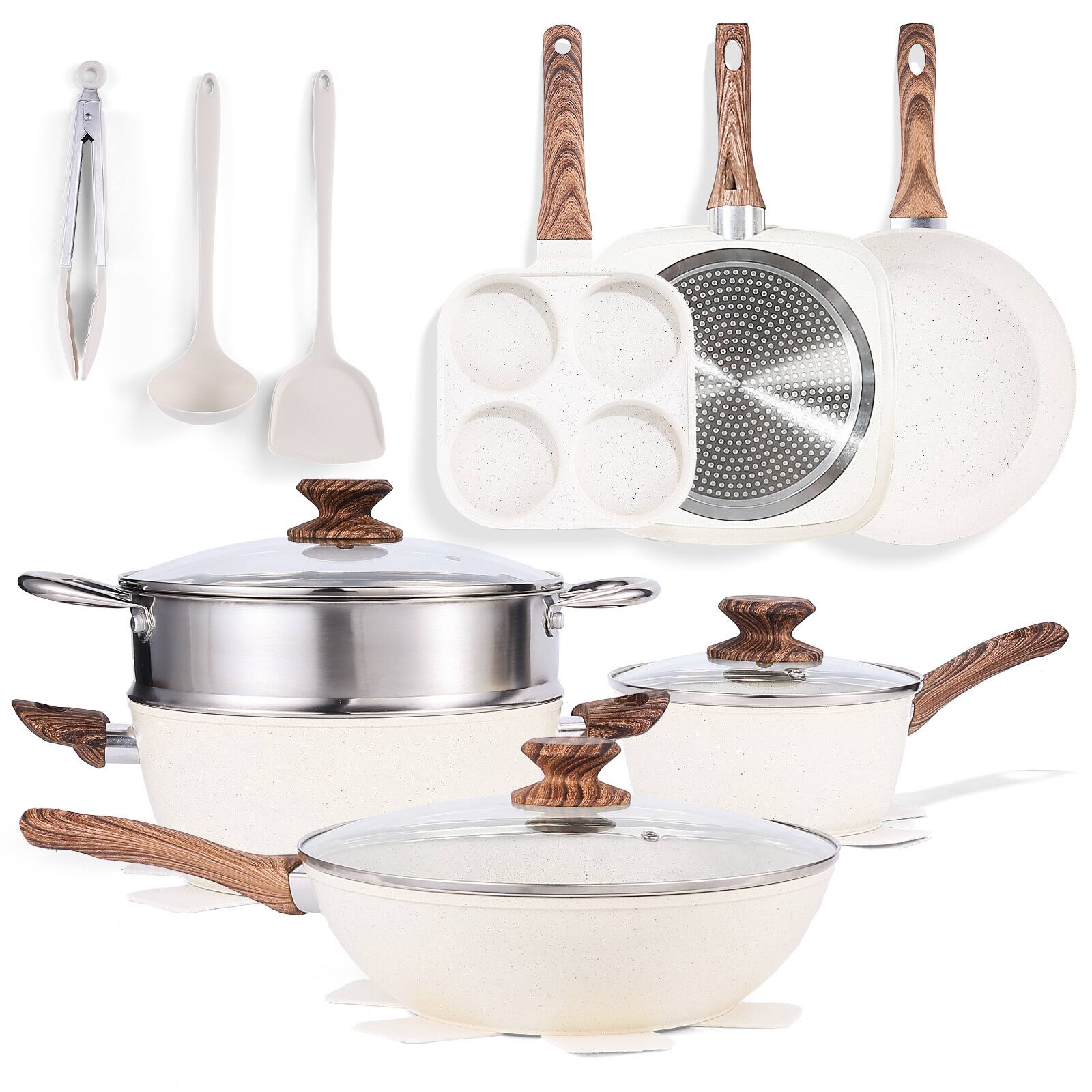 Front. AENKYO - 17 Piece Nonstick Cookware Set Pots and Pans Set Cooking Set with Removable Handles - White.