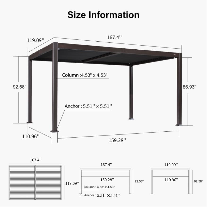 Size Information

- 119.09"
- 167.4"
- Column: 4.53" x 4.53"
- 92.58"
- 86.93"
- Anchor: 5.51" x 5.51"
- 110.96"
- 159.28"
- 167.4"
- 167.4"
- 119.09"
- 159.28"
- 119.09"
- Column: 4.53" x 4.53"
- 92.58"
- 110.96"
- 92.58"
- Anchor: 5.51" x 5.51"