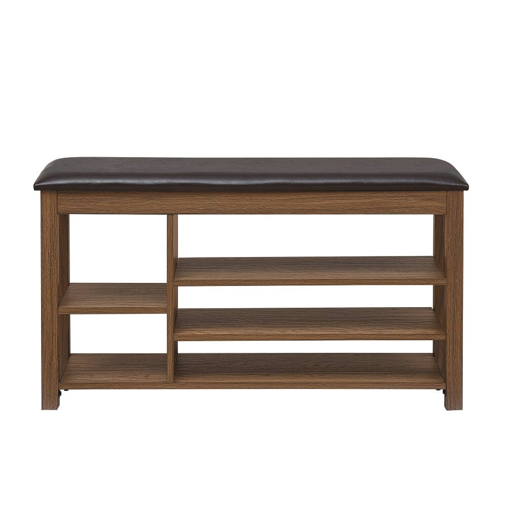 Alt View 4. Ropilly - Ropilly Wooden Entryway Shoe Storage Bench with PU Leather Cushion, Hidden Compartment, 400lbs Capacity, Brown - Brown.