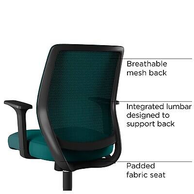 Breathable mesh back  
Integrated lumbar designed to support back  
Padded fabric seat