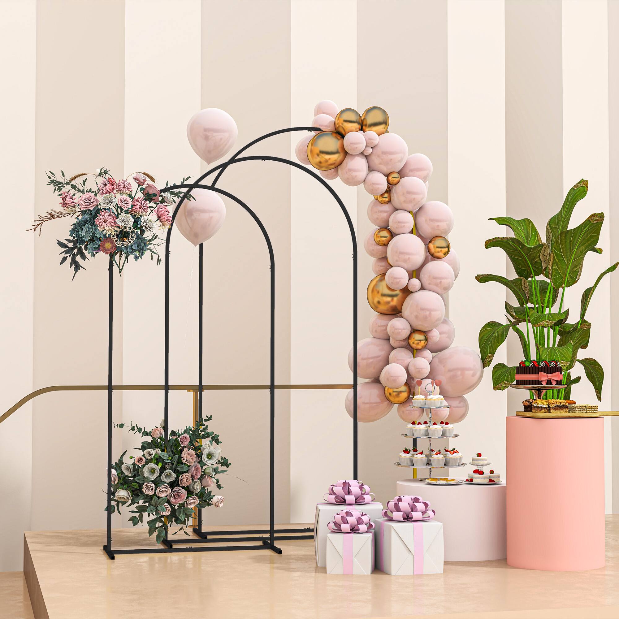 Alt View 1. Outsunny - Metal Arch Backdrop Stand Set of 3 - Black.