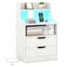 Costway - Nightstand with LED Light Charging Station Open Shelves 2 Drawers Cable Holes - White
