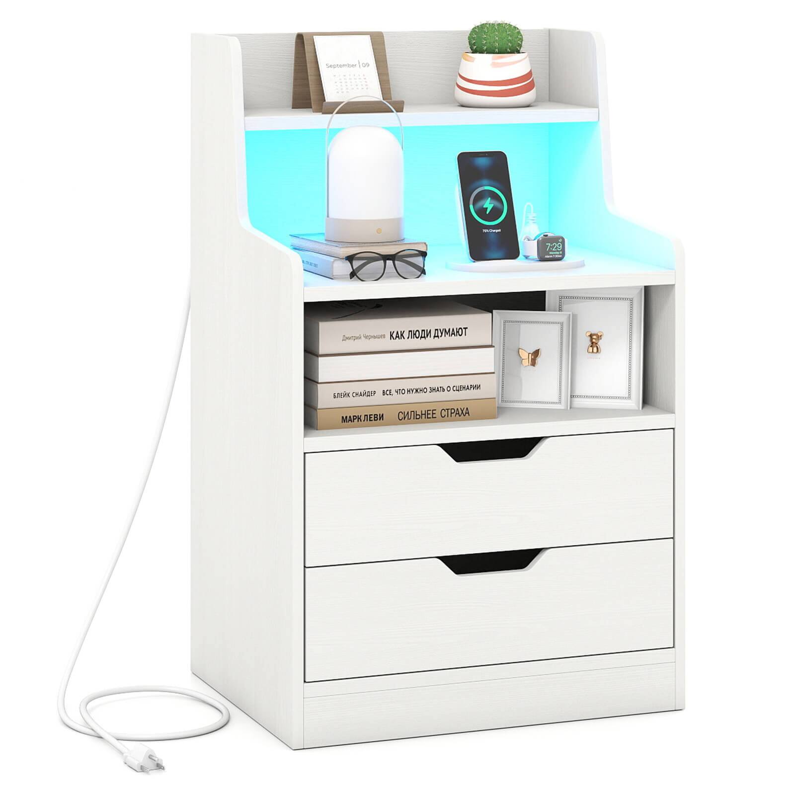 Costway - 1 PCS Nightstand with LED Light & Charging Station, Open Shelves & 2 Drawers, Cable Holes - White