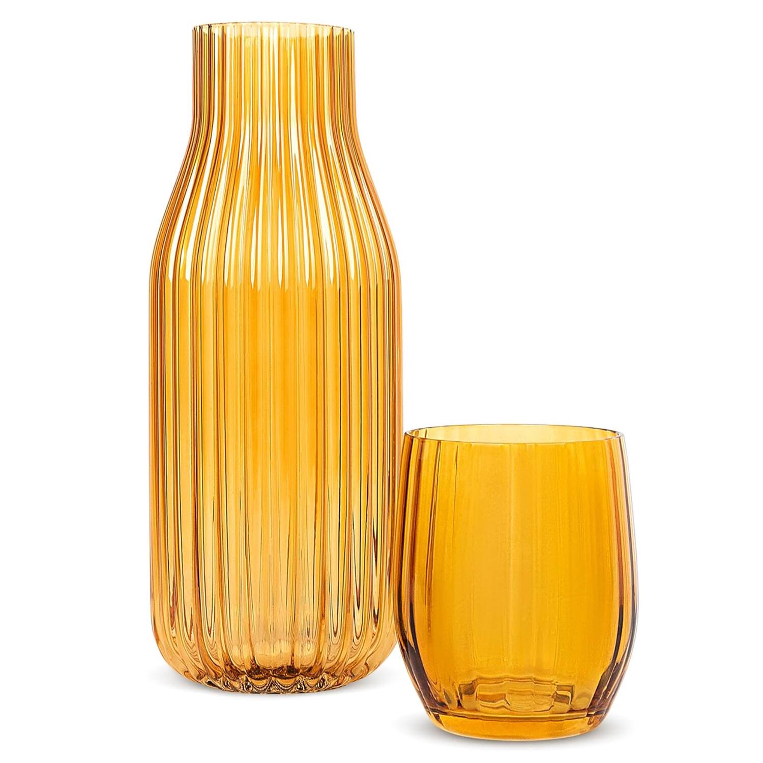 Angle. Jay Import - Amber Ribbed Glass Carafe Set 38.89 OZ. - Amber.