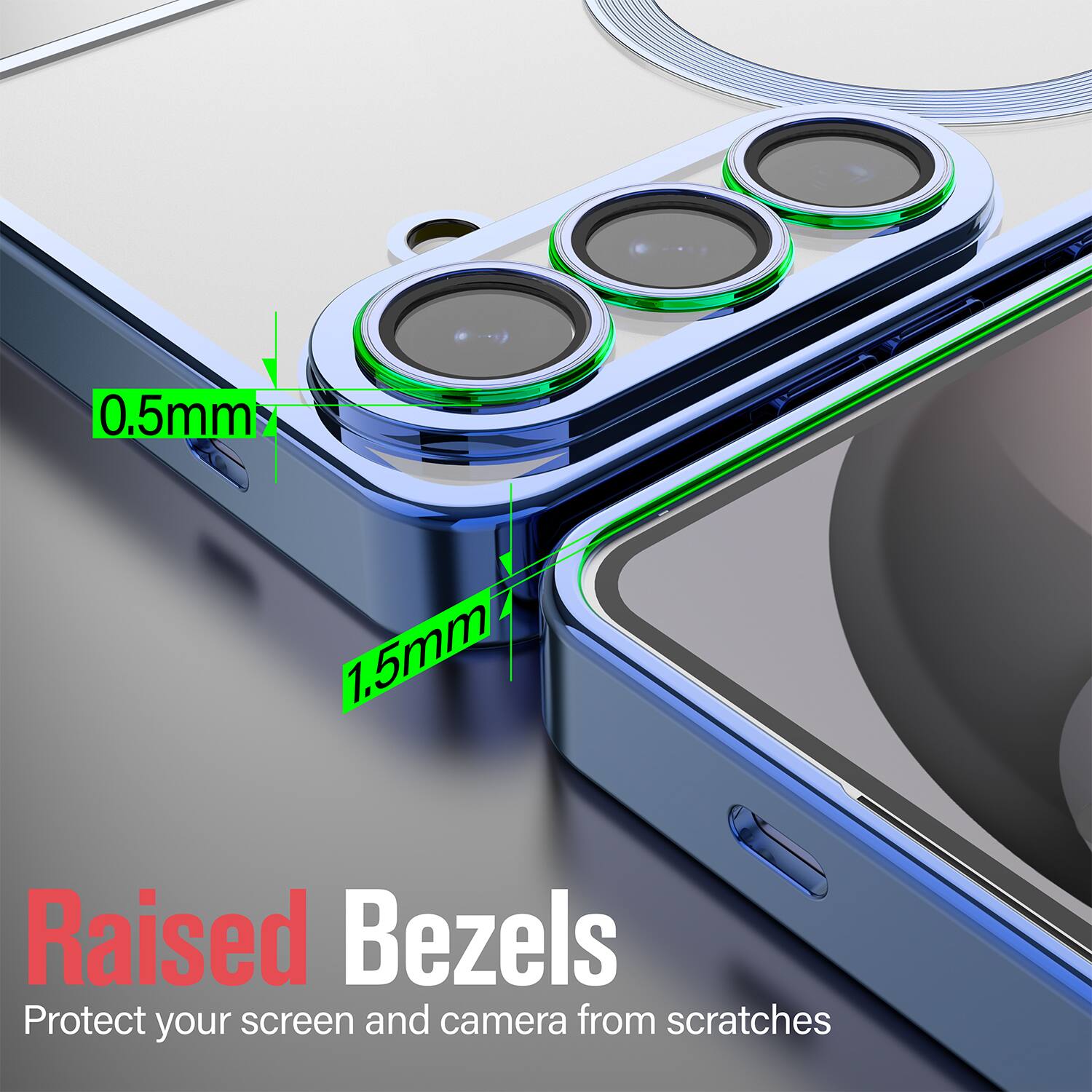 0.5mm 1.5mm Raised Bezels  
Protect your screen and camera from scratches